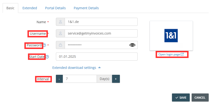 Set the start date for when invoices will be imported into GetMyInvoices (e.g., from 01.01.2024). Set the retrieval interval, e.g.