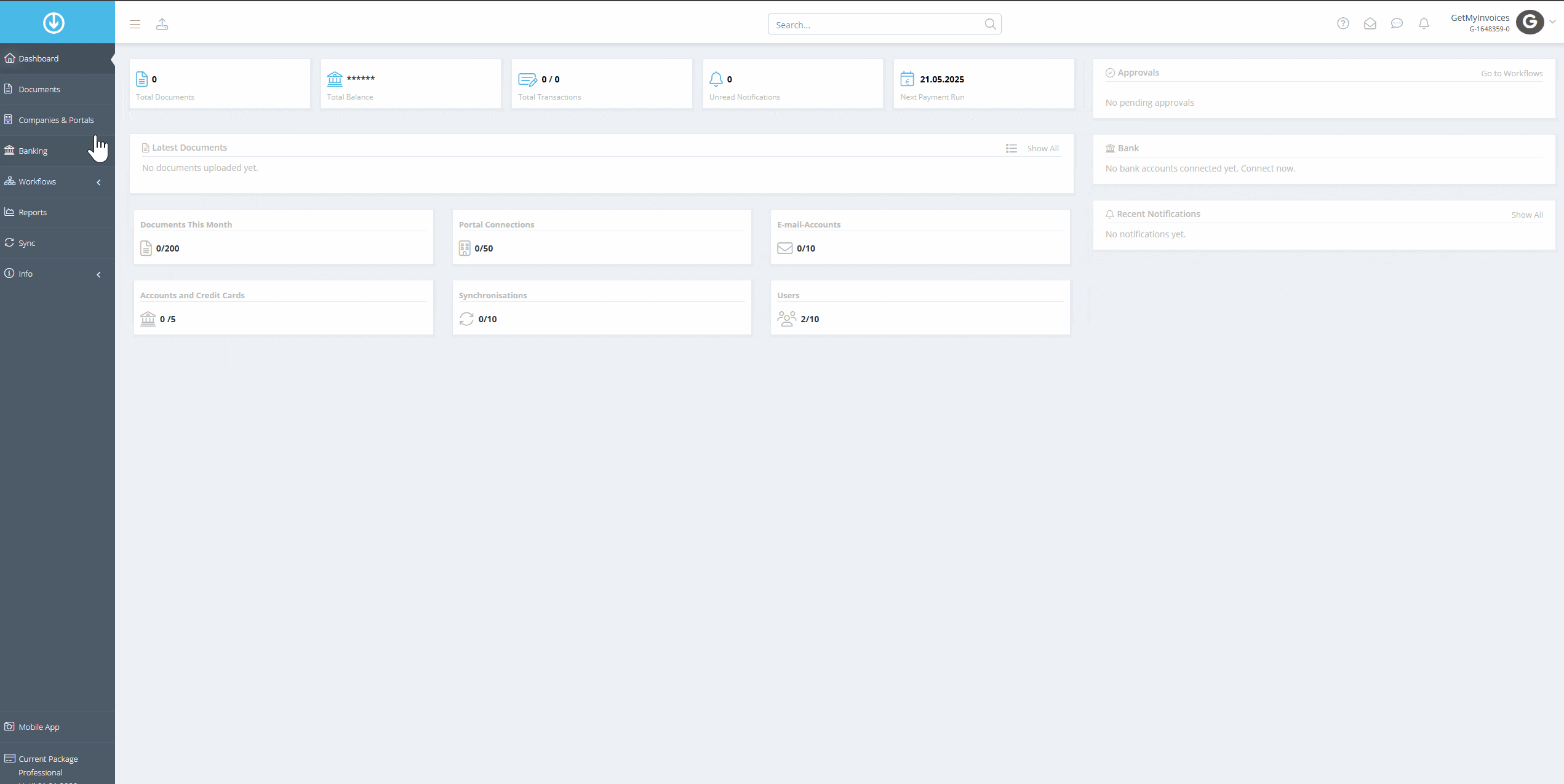 Click on “Companies & Portals” in the menu on the left. Click the plus symbol at the top right. Select “Online Portal” and click Next. -