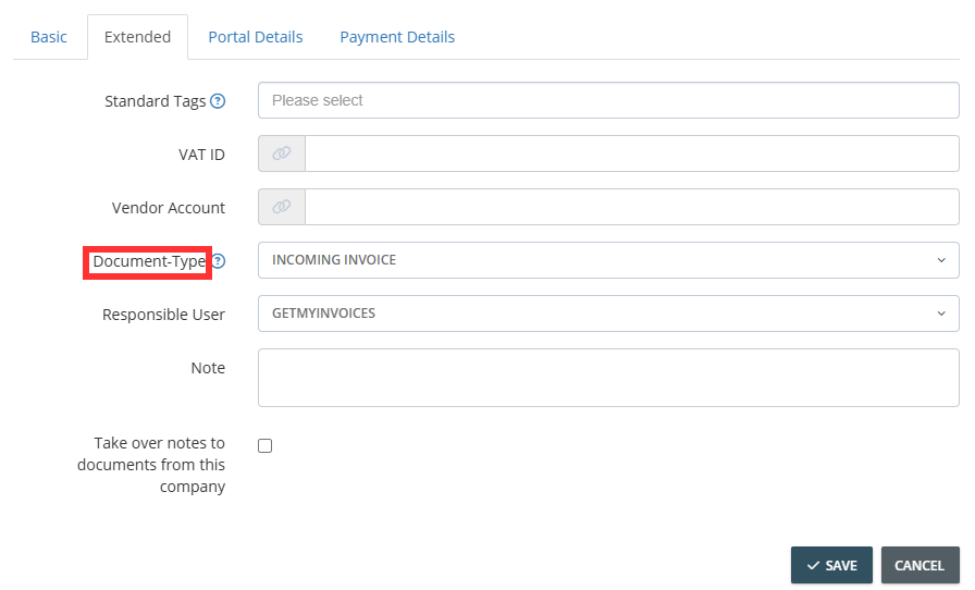 Step 4: Under the “Extended” tab, set the document type for the connected portal. Note: Typically, incoming invoices are retrieved from the