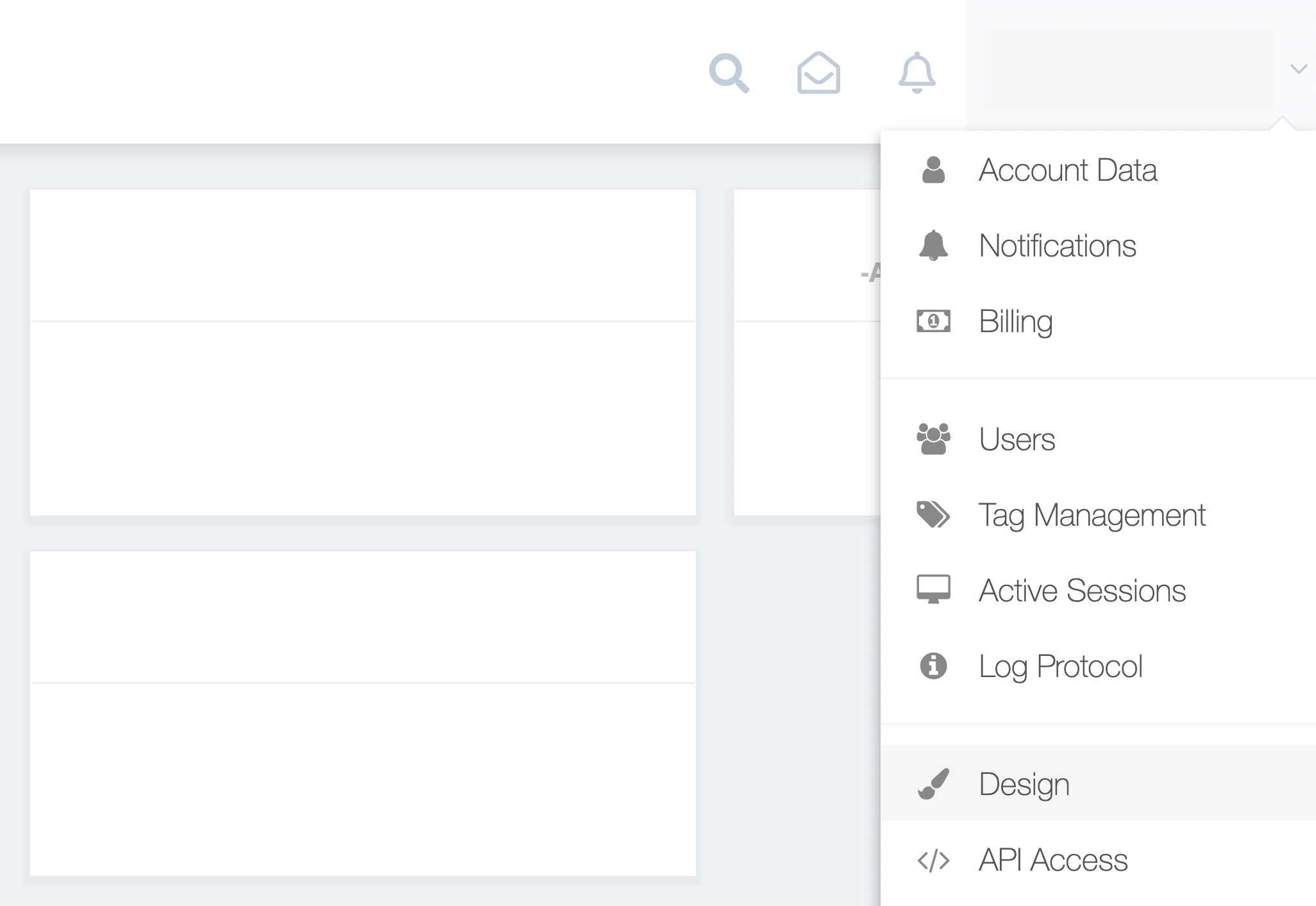 Step 1. From the GetMyInvoices dashboard, navigate to your account name on the top right corner and click Design from the drop-down menu. -
