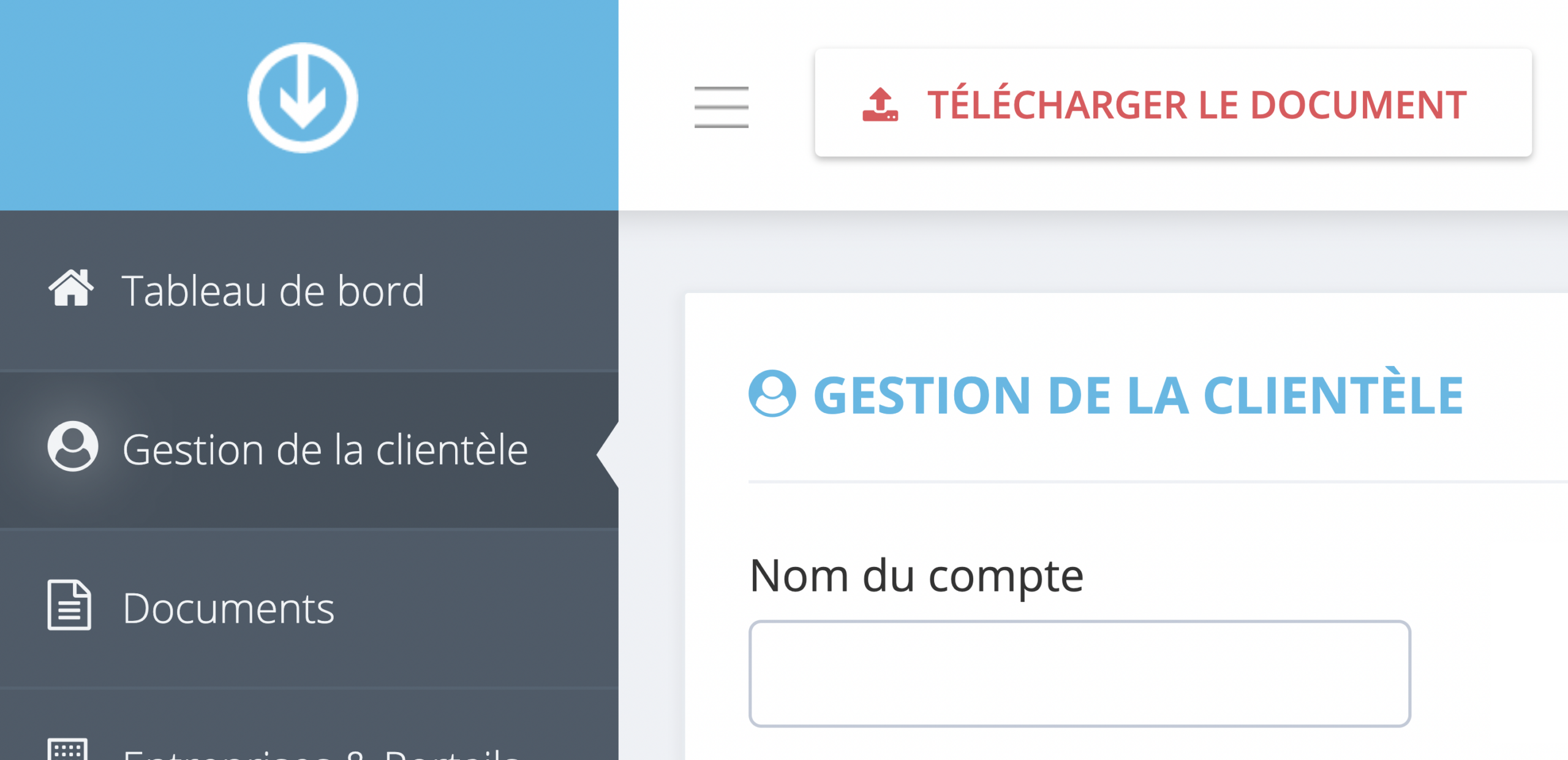 Etape 1. A partir du tableau de bord GetMyInvoices, cliquez sur Gestion de la clientèle dans le menu à gauche. - Qu'est-ce que le compte