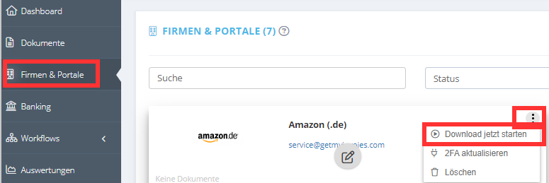 Vista del portale con la voce di menu «Avviare subito il download»