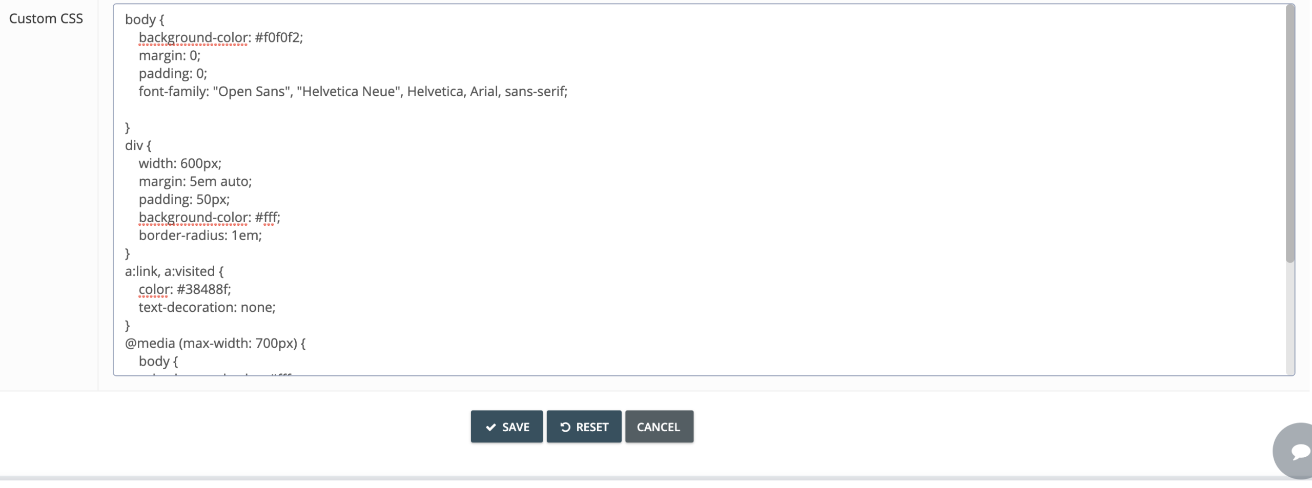 Step 3 (optional). For advanced design customization, you can also upload your custom CSS. Scroll down and click the text field for Custom