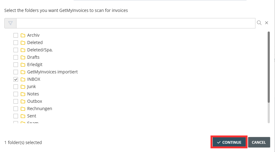 Step 3: Choose the folder for import. Click Continue - Connect Microsoft/Outlook Email Account