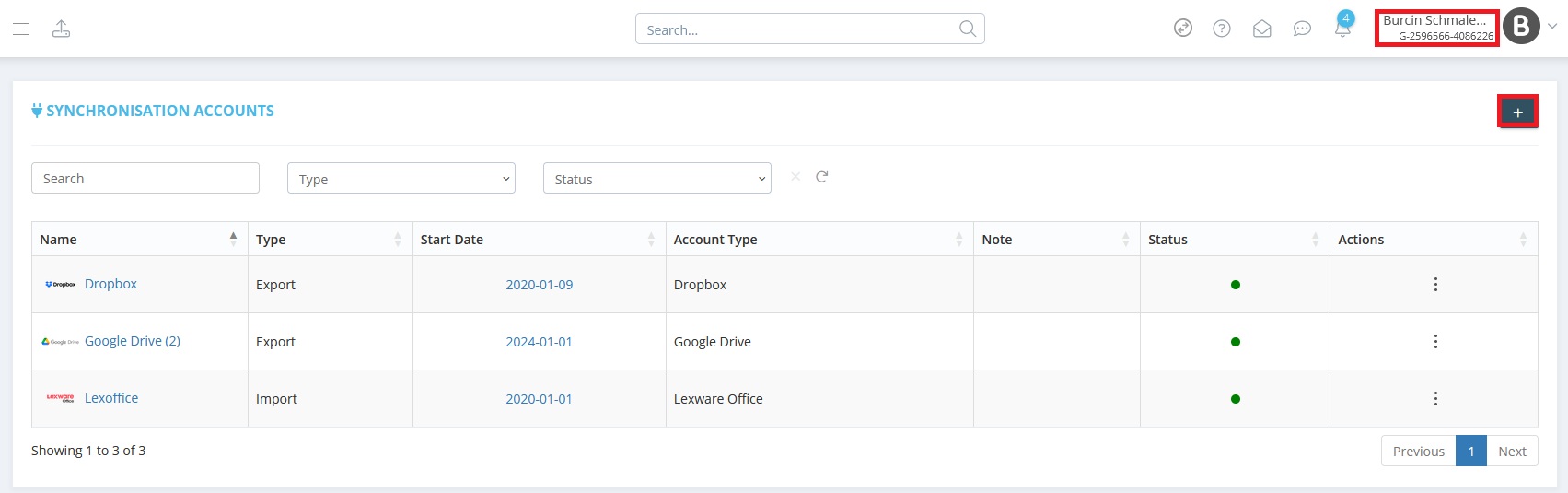 Step 2: Click on Plus in the top right-hand corner. - Add a Synchronization Account for Export