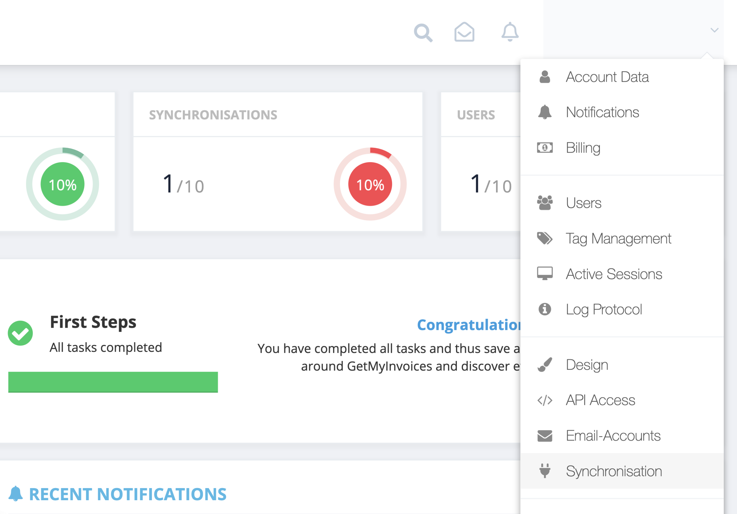 Step 1. From the GetMyInvoices dashboard, navigate to your account name on the top right corner then click Synchronization on the drop-down