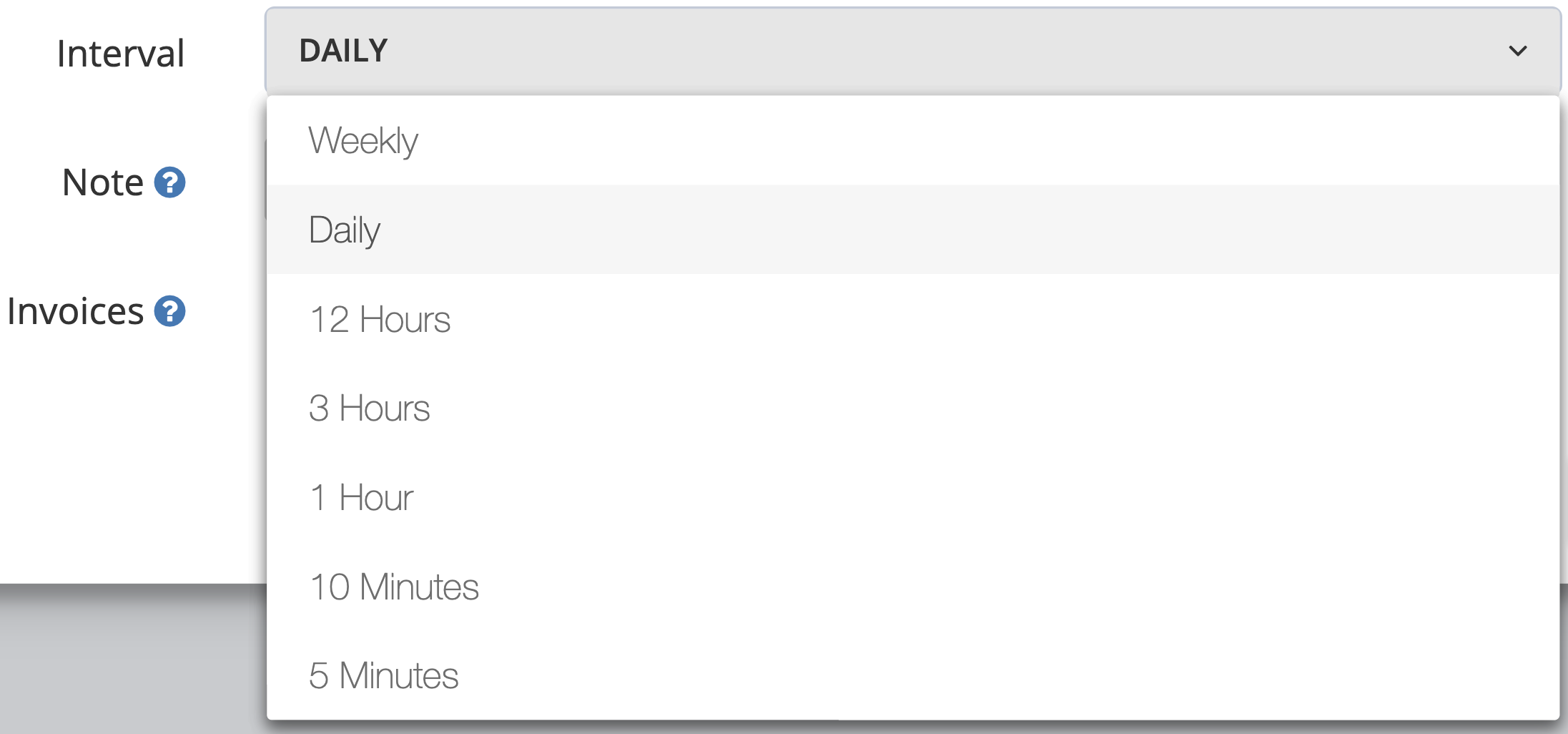 Step 3. Under Edit Sync Account, click the drop-down menu next to Interval to reveal sync interval options. - How often are invoices
