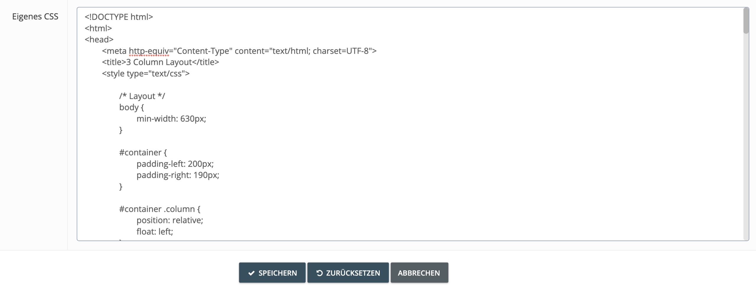 Sezione «CSS personalizzato» per personalizzazioni avanzate del design
