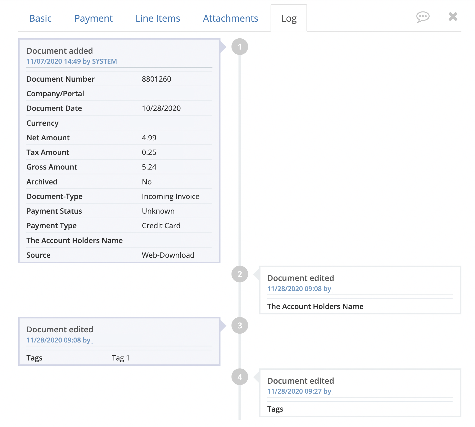 Step 4. A vertical chronological timeline of events will show up under the Log tab, showing all changes made to the document in view.