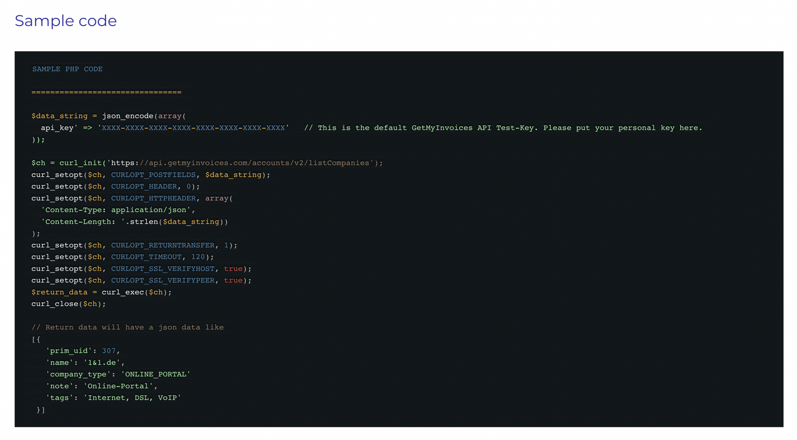 Codice di esempio per l’accesso all’API dell’account GetMyInvoices
