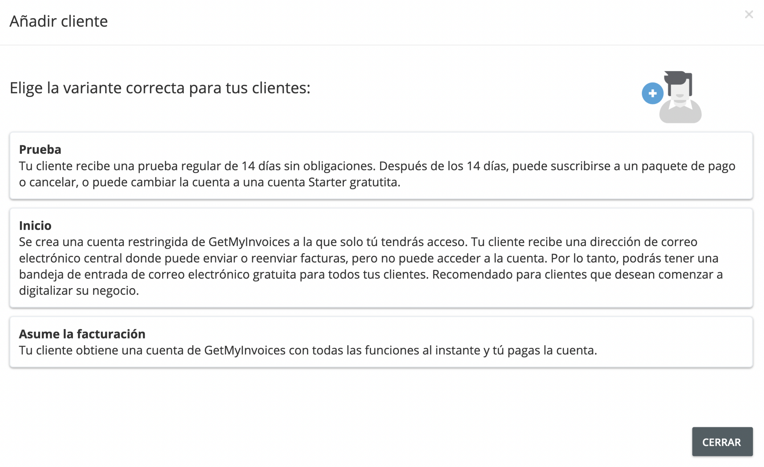 Paso 3. Elige entre los tres métodos de facturación al cliente - ¿Cómo añado a mis clientes en GetMyInvoices?