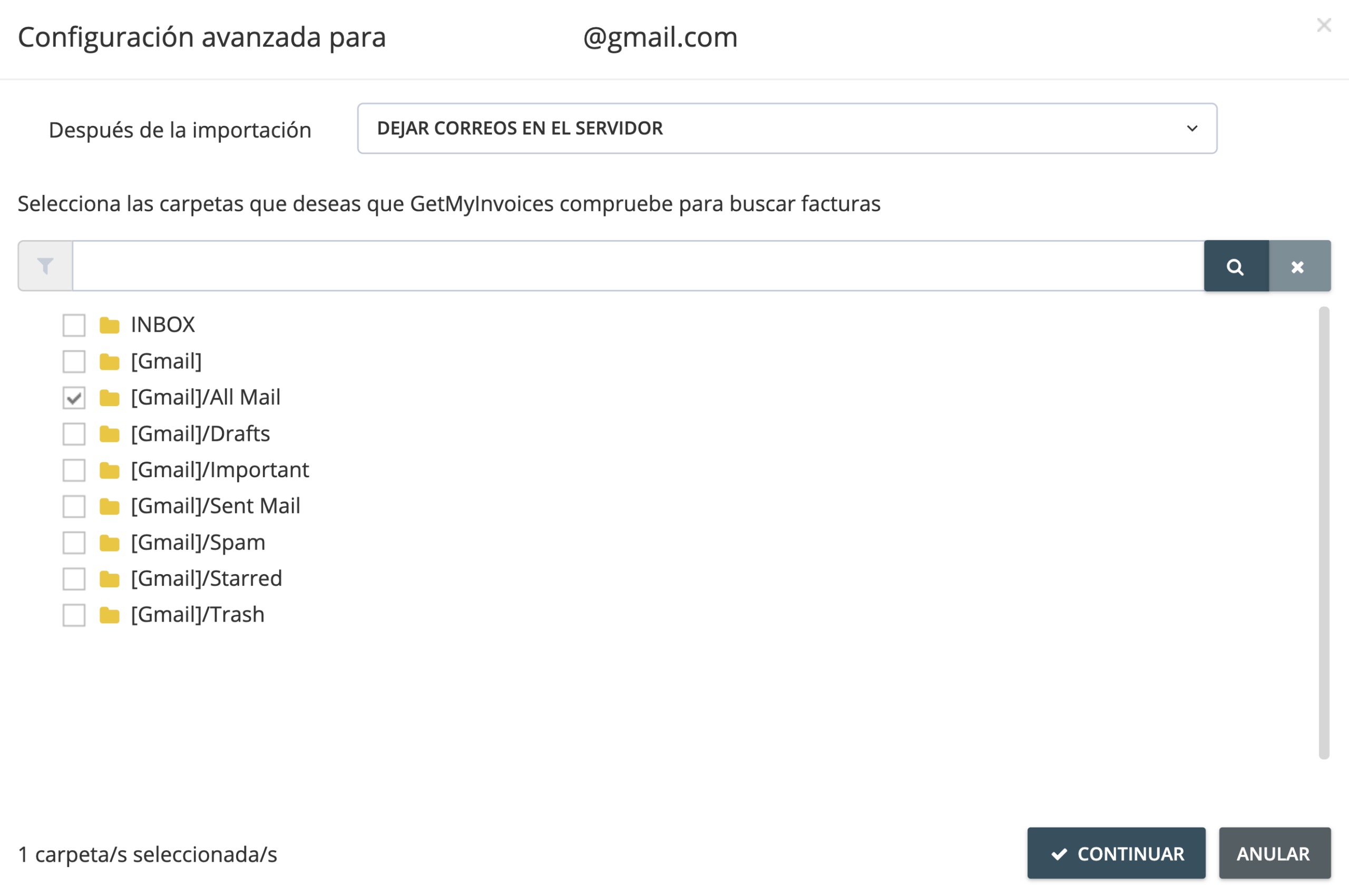 Paso 4. Elige desde que carpeta deseas importar documentos y haz clic en “Continuar”. - ¿Cómo vinculo mi cuenta Microsoft Exchange/365?