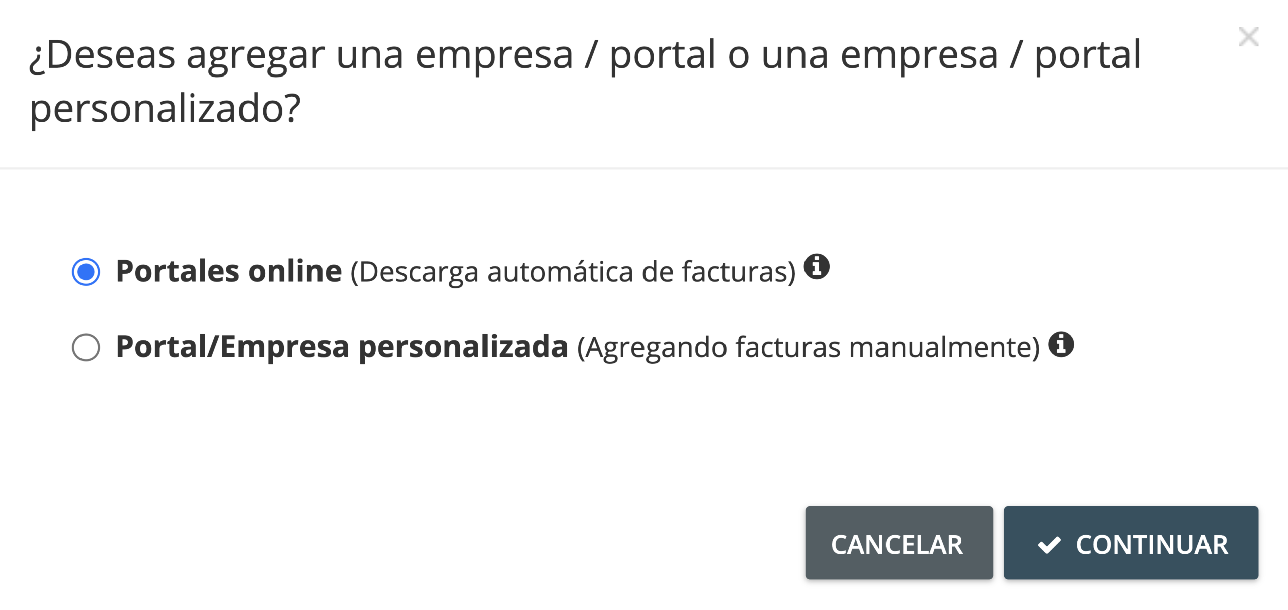 Paso 3. Una ventana emergente te permitirá elegir entre un portal en línea o una cuenta (manual) personalizada. Haz clic en el botón