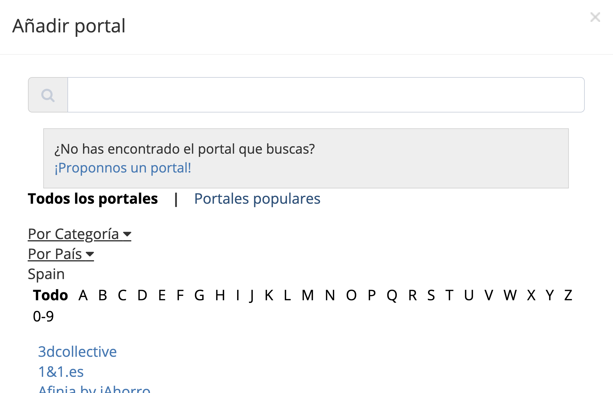 Paso 4. La ventana para añadir el nuevo portal te mostrará cuatro formas de buscar portales y cuentas en línea: por orden alfabético, por