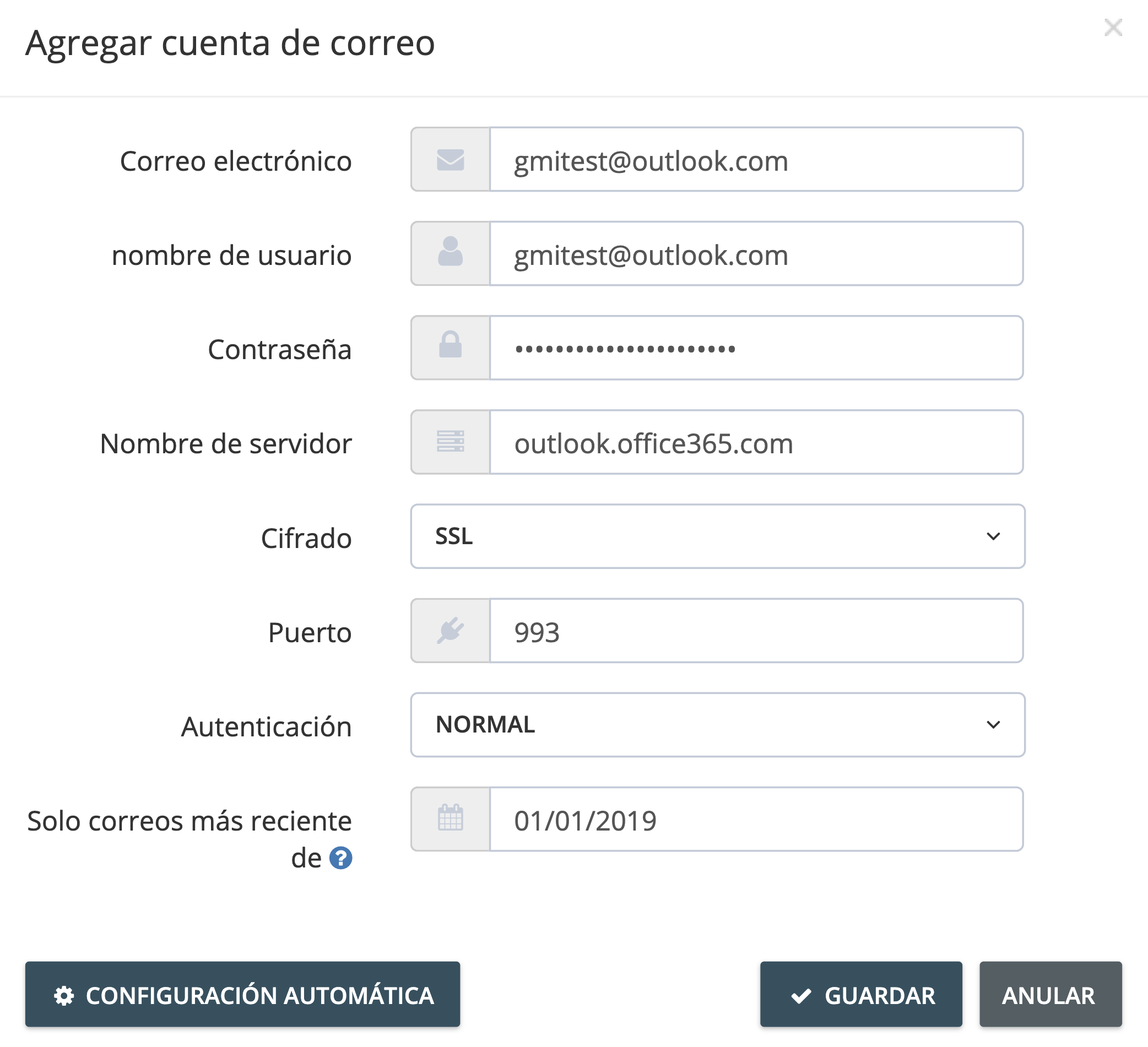 Paso 3. En la página de “Agregar cuenta de correo”, ingresa los detalles de tu cuenta Microsoft Exchange y elige la fecha en la que solo se