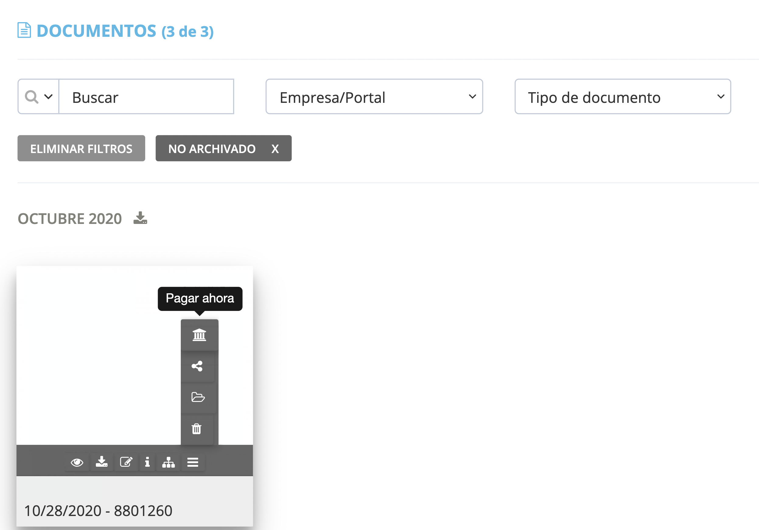 En la lista de Mes, puedes encontrar el botón “Pagar ahora” desplazando el cursor sobre cada documento y haciendo clic en el botón