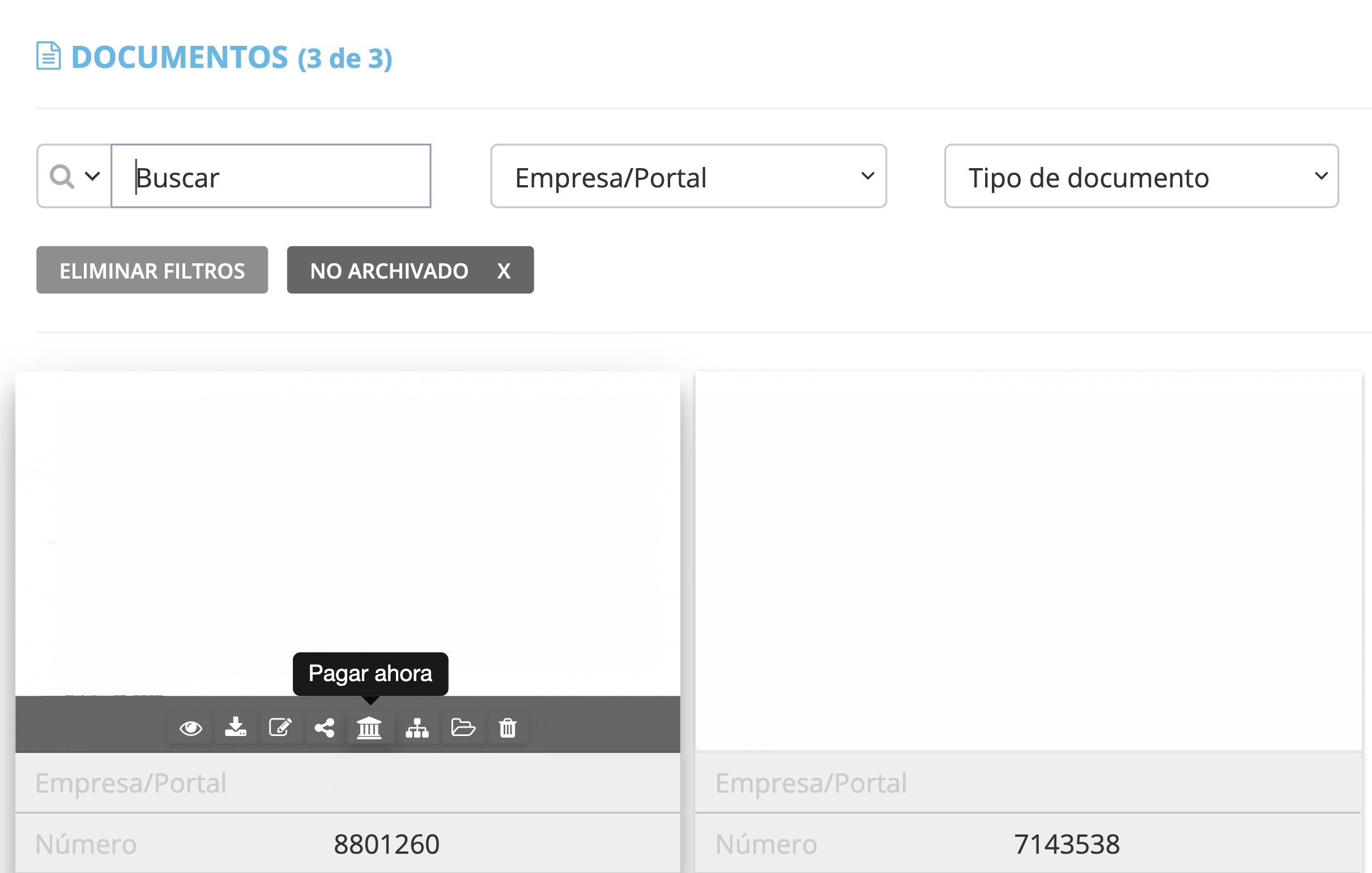 En la vista de Mosaico, mueve el cursor sobre cada documento para que aparezca la barra de herramientas flotante. - ¿Cómo pago facturas