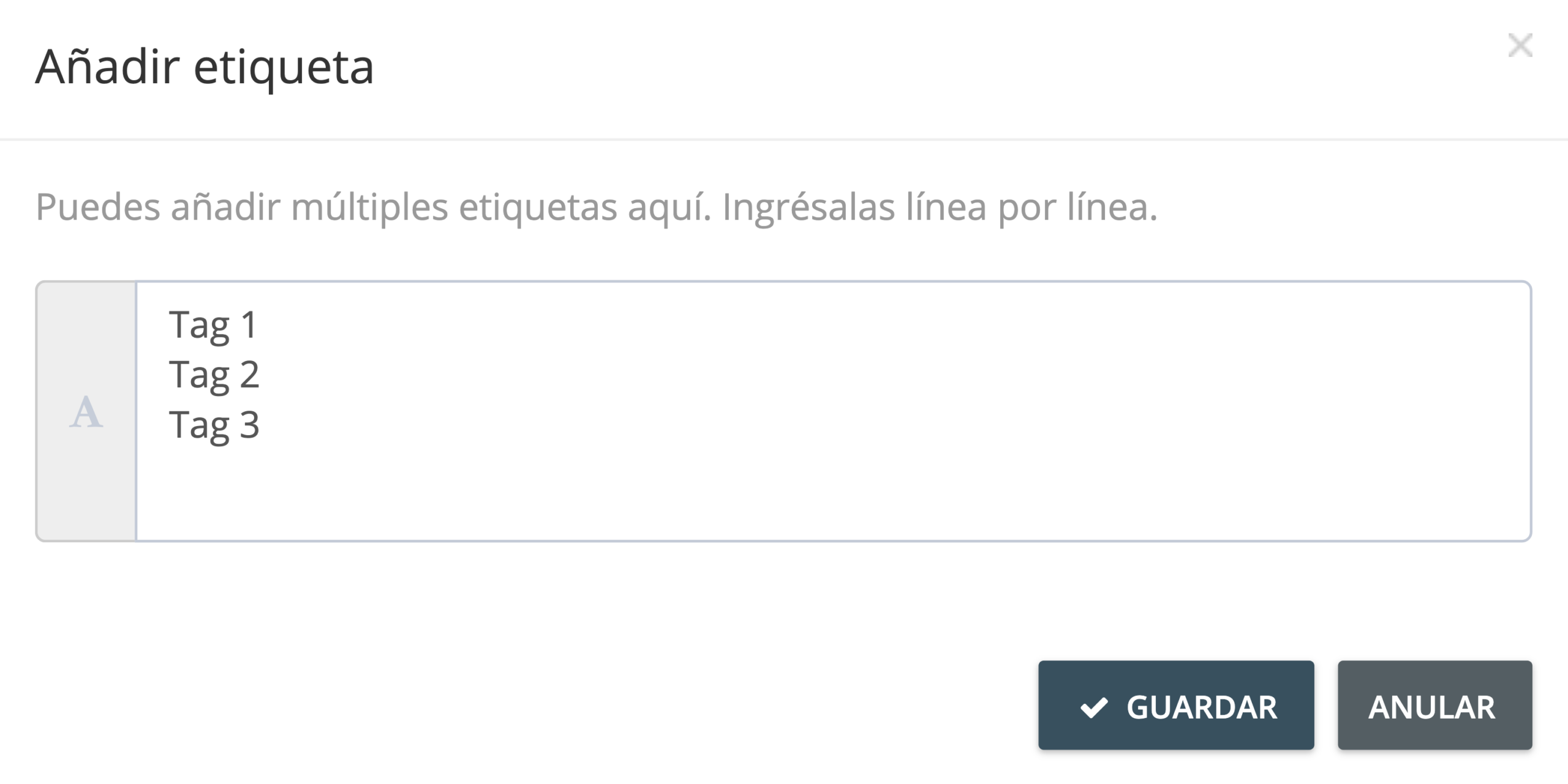 Paso 3. En la ventana emergente de “Añadir etiqueta”, inserta el nombre de la etiqueta que desees. Para crear más de una etiqueta, pulsa la