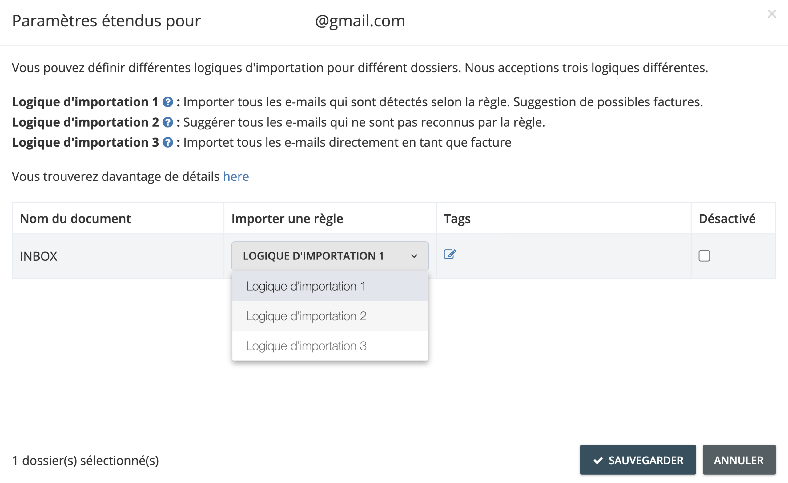 Étape 5. Vous pourrez choisir quels types de documents seront téléchargés en définissant les logiques d’importation. Sous Importer une