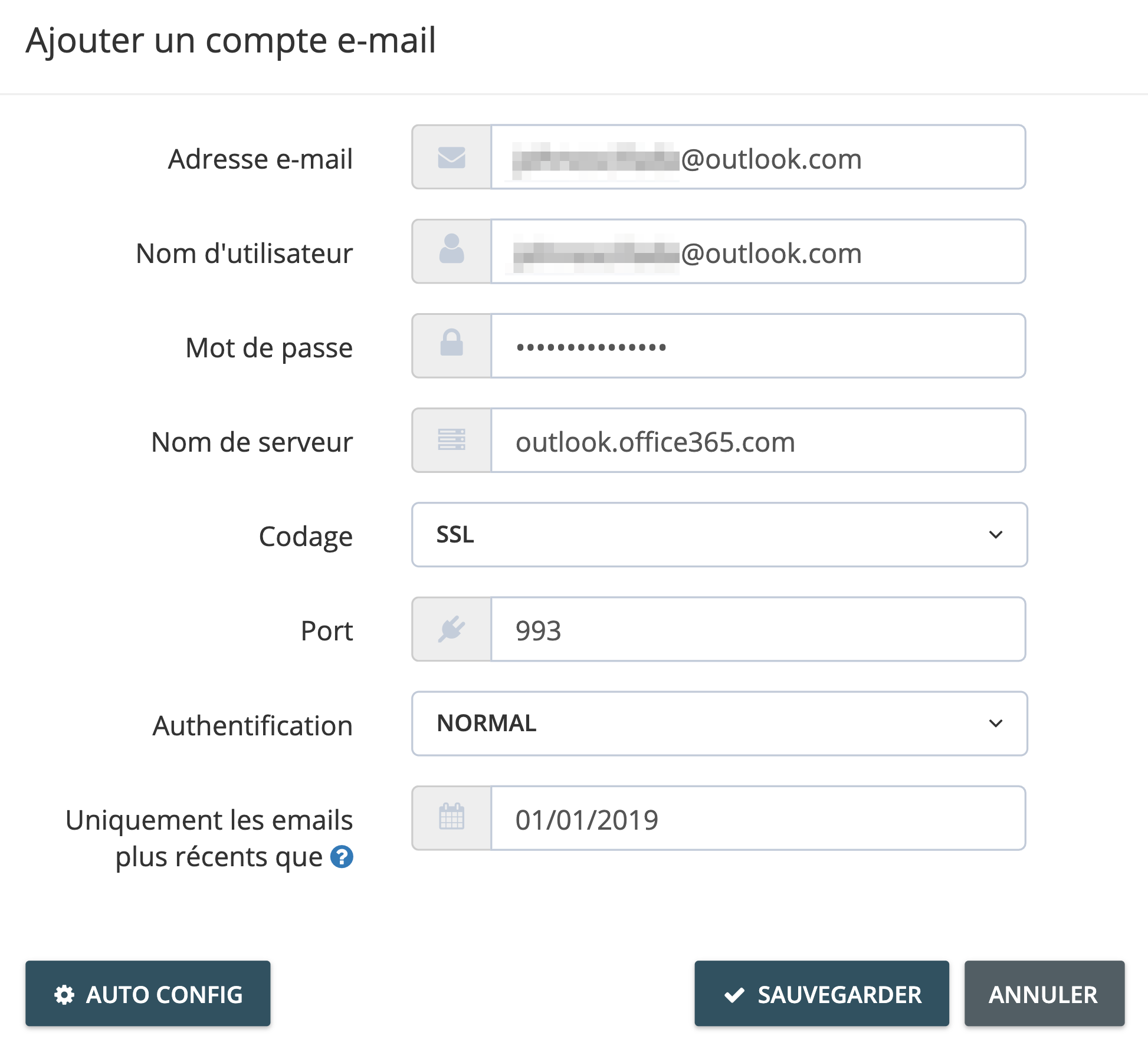 Étape 3. Sur la page Ajouter un compte, entrez les informations de votre compte Microsoft Exchange puis choisissez la date de début de