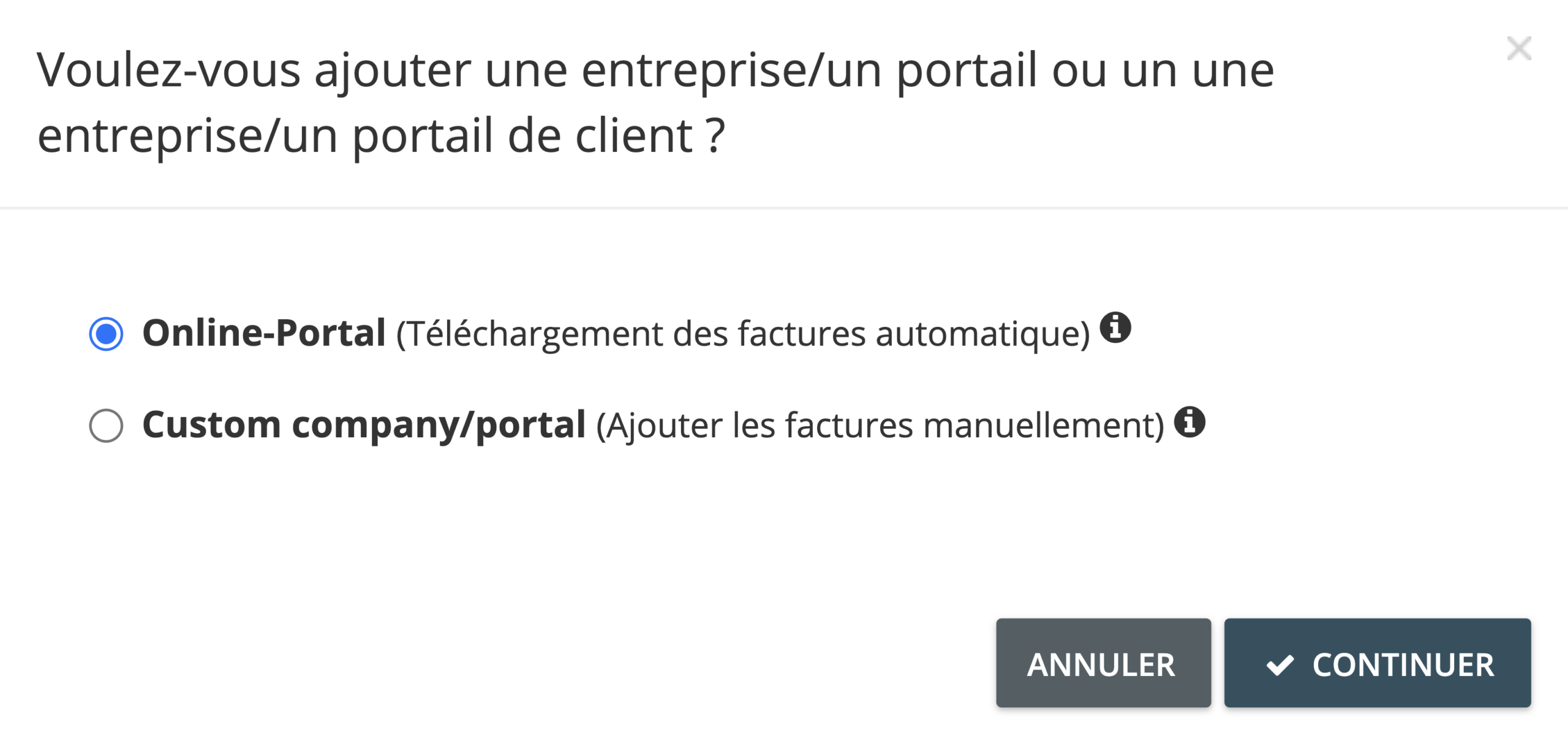 Étape 3. Une fenêtre pop-up vous permet de choisir entre un portail en ligne ou un compte client (manuel). Cliquez sur le bouton radio près