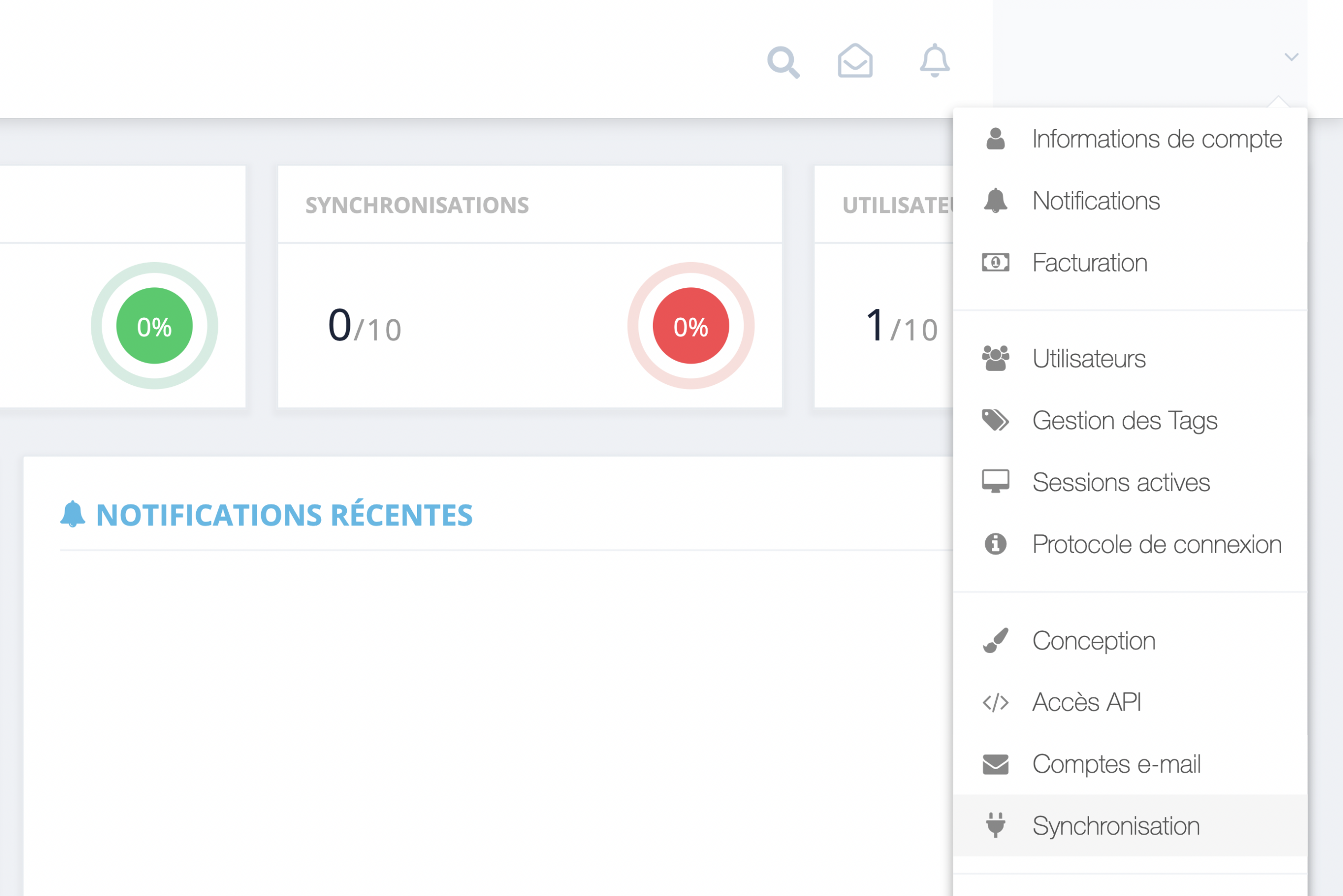 Étape 1. Dans le tableau de bord de GetMyInvoices, allez sur le nom de votre compte situé en haut à droite de l’écran puis cliquez sur