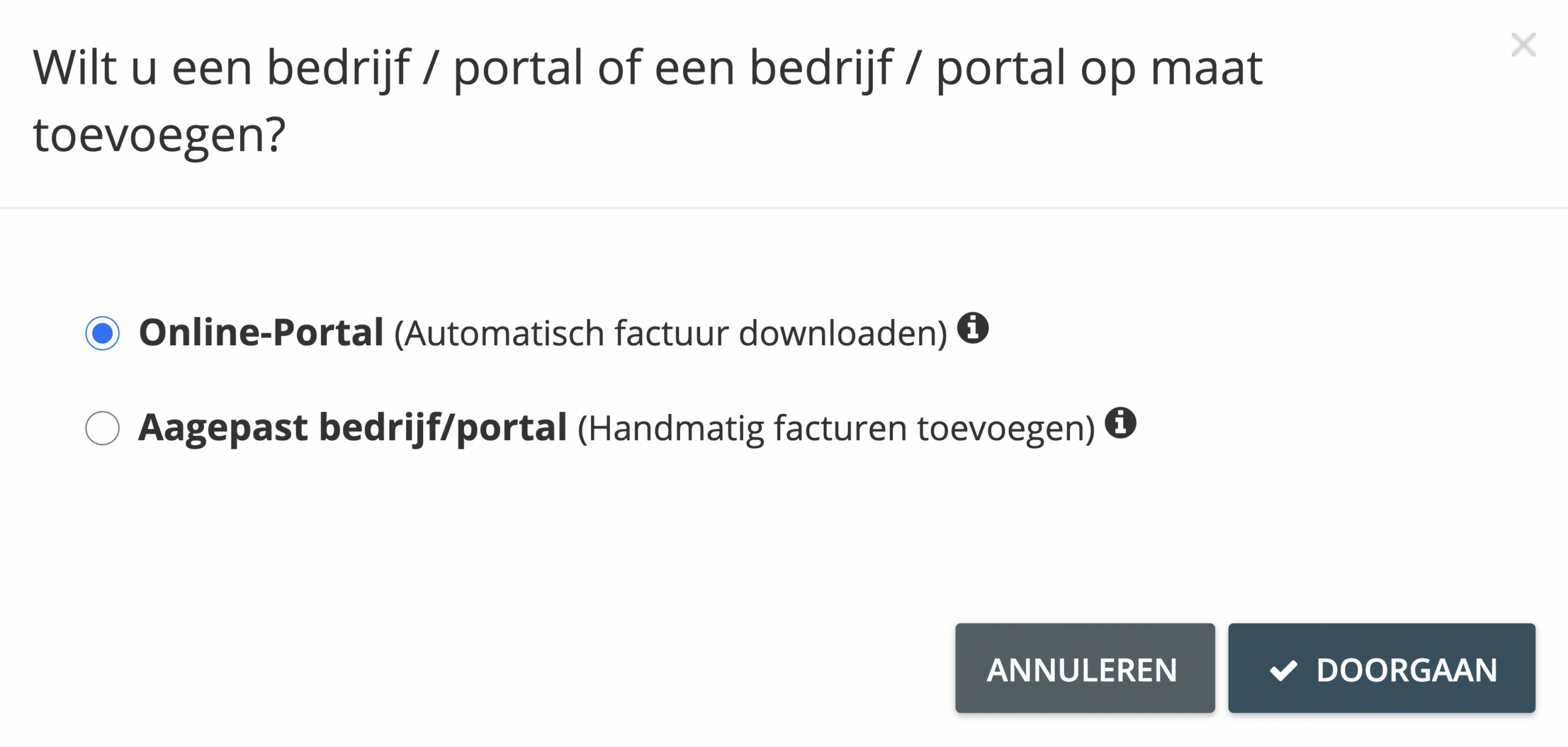 Stap 3. Een pop-up scherm zal u laten kiezen tussen een online portal of een aangepast (handmatig) account. Klik de ‘radio’ knop naast de