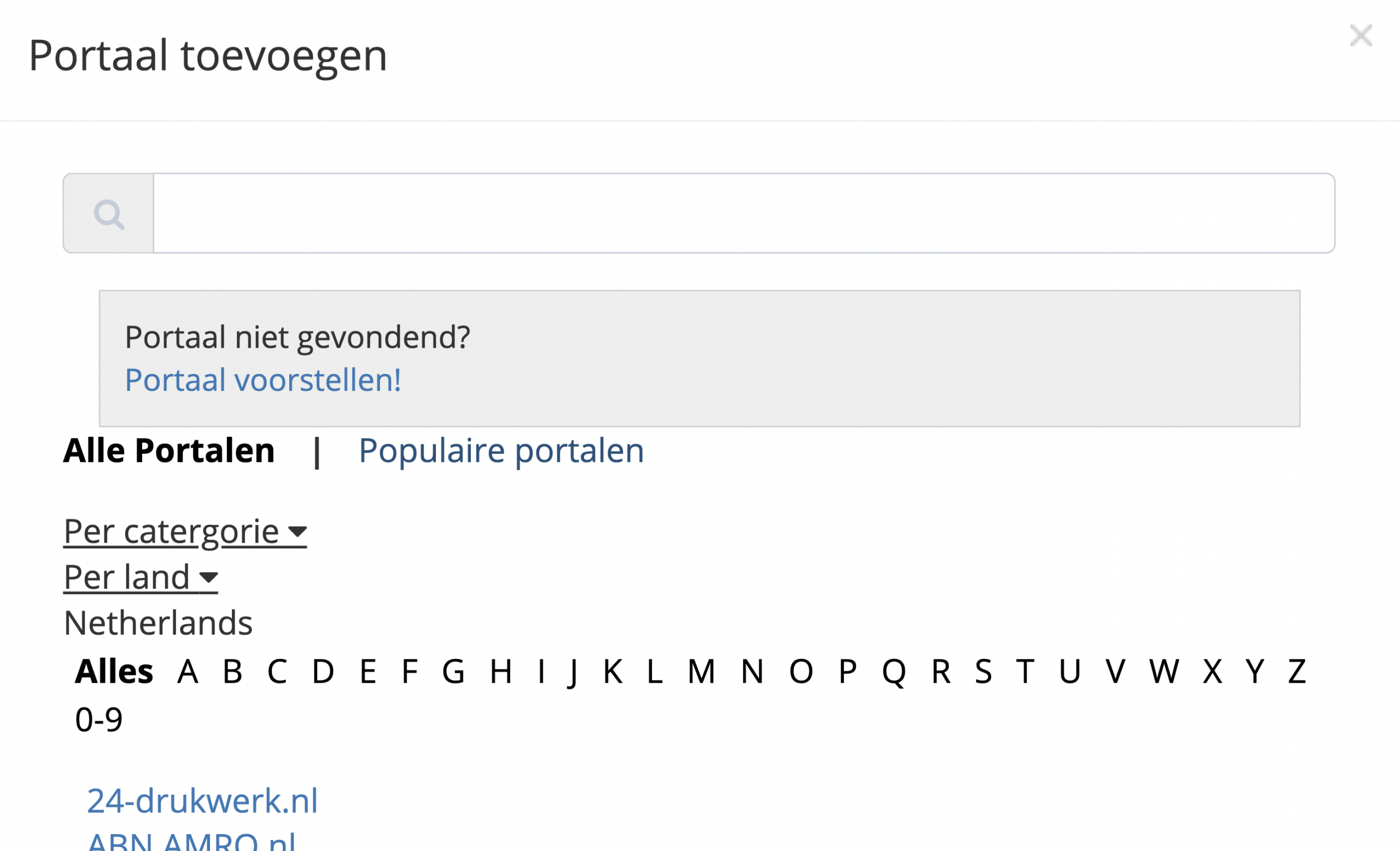 Stap 4. Het venster ‘Portaal toevoegen’ biedt vier manieren om naar ondersteunde online accounts en portals te zoeken: alfabetisch, land