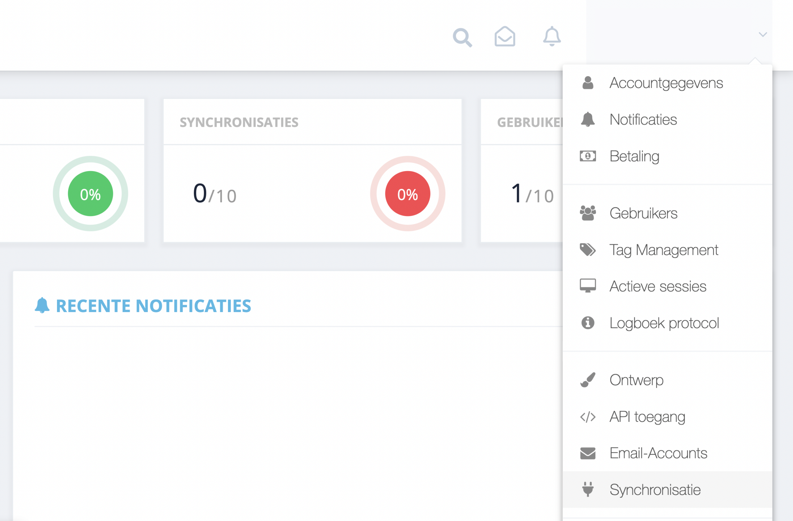 Stap 1. Navigeer vanuit het GetMyInvoices-dashboard naar uw accountnaam in de rechterbovenhoek en klik op ‘Synchronisatie’ in het