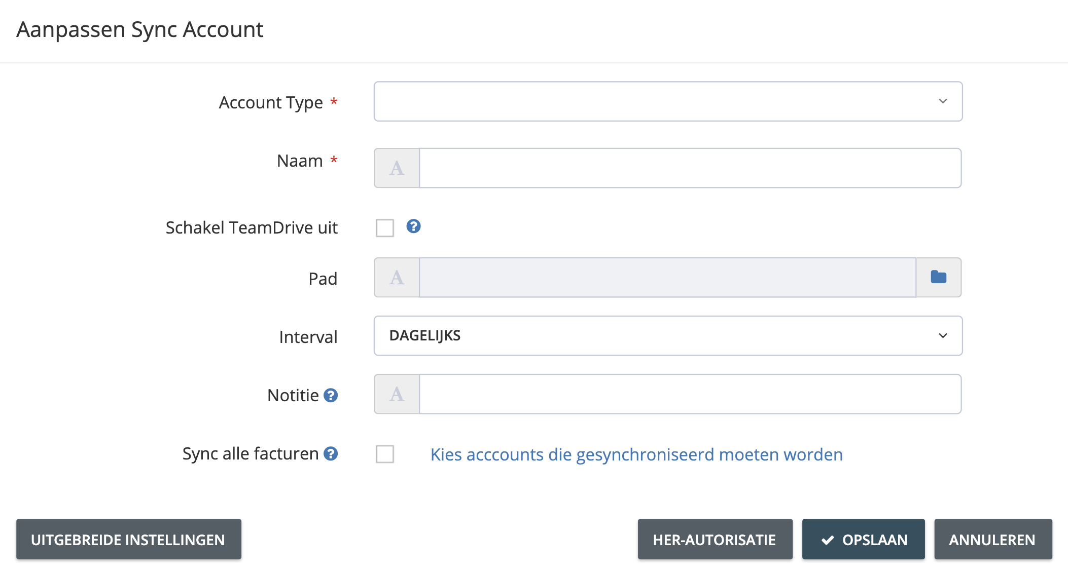 Stap 3. Schakel in het venster ‘Aanpassen sync account’ het selectievakje uit naast ‘Sync alle facturen’. Als dit selectievakje al niet is