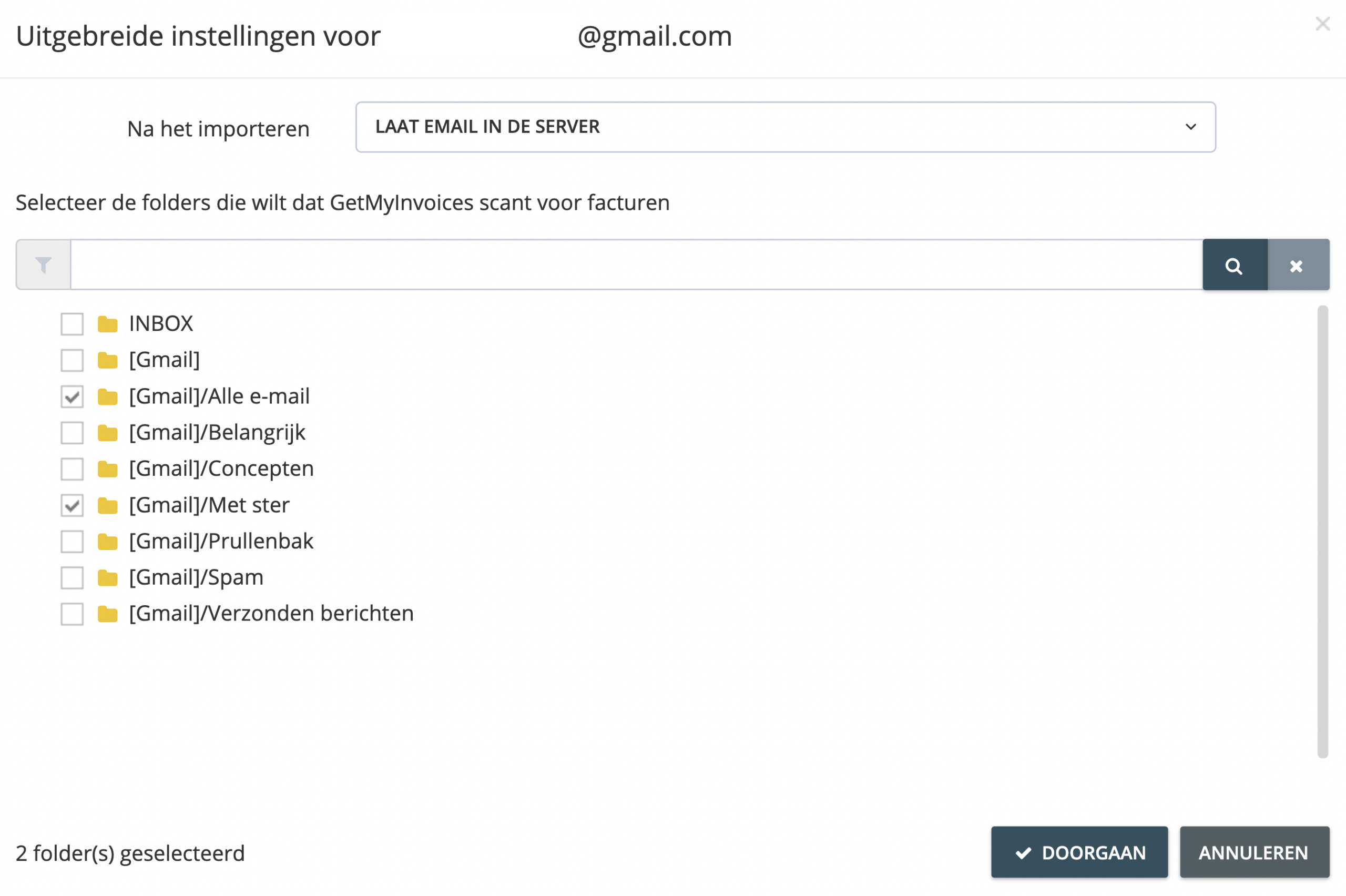 Stap 4. Kies emailfolders waarvan u documenten van wilt importeren en klik op ‘Doorgaan’. - Hoe koppel ik mijn Microsoft Exchange/365