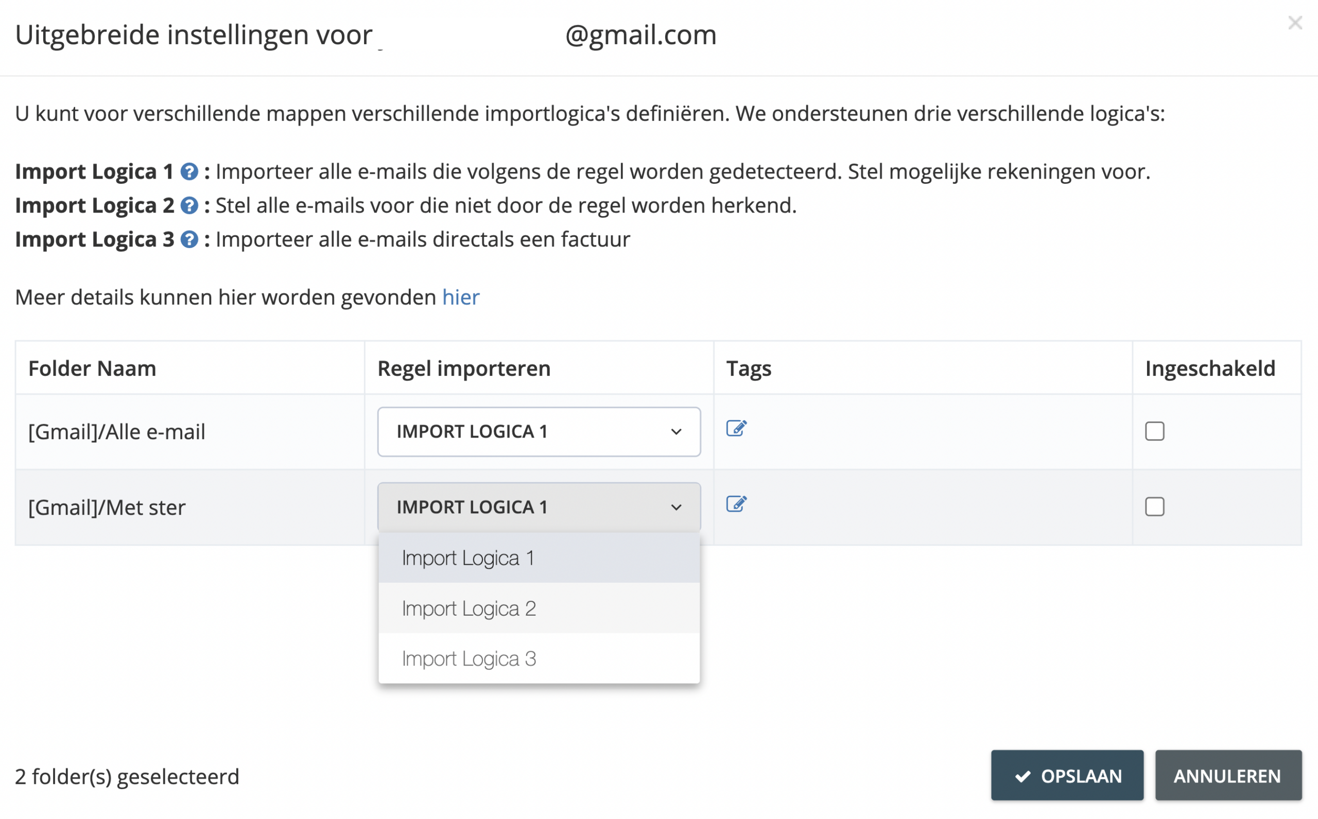 Stap 5. U heeft de mogelijkheid om te kiezen welke specifieke soorten documenten zullen worden geïmporteerd door importlogica’s te