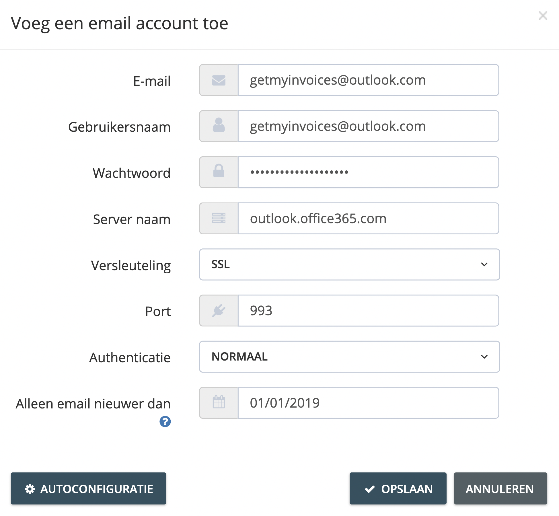 Stap 3. Voer op de pagina ‘E-mailaccount toevoegen’ uw Microsoft Exchange-accountgegevens in en kies vervolgens de datum waarop alleen