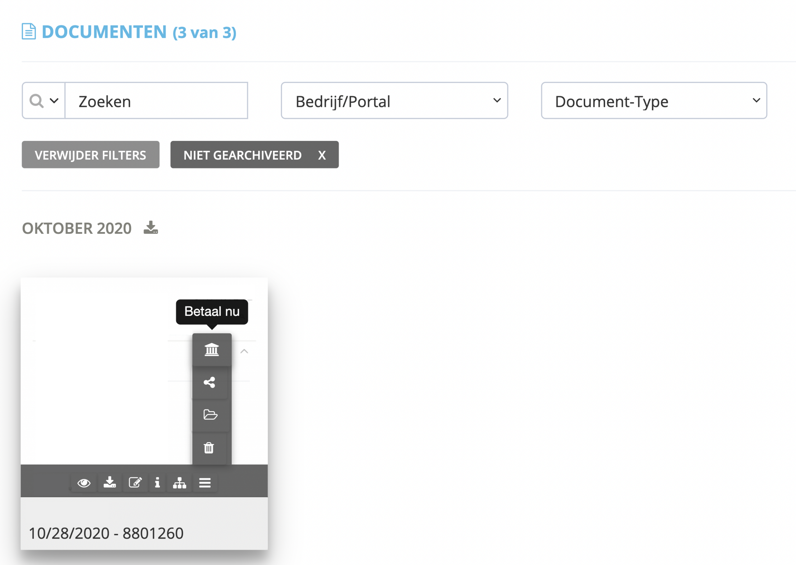 In de maandweergave is de knop ‘Nu betalen’ te vinden door over het individuele document te bewegen en op de knop ‘Opties’ te klikken