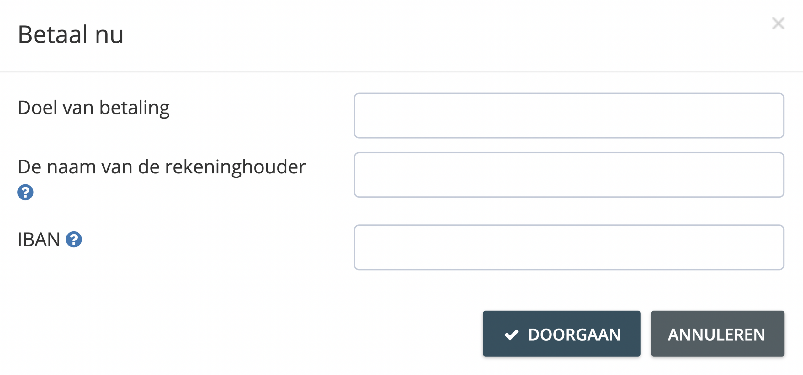 Stap 4. In het dialoogvenster ‘Nu betalen’ wordt u gevraagd een formulier in te vullen met uw bankgegevens. Klik op ‘Doorgaan’ om de