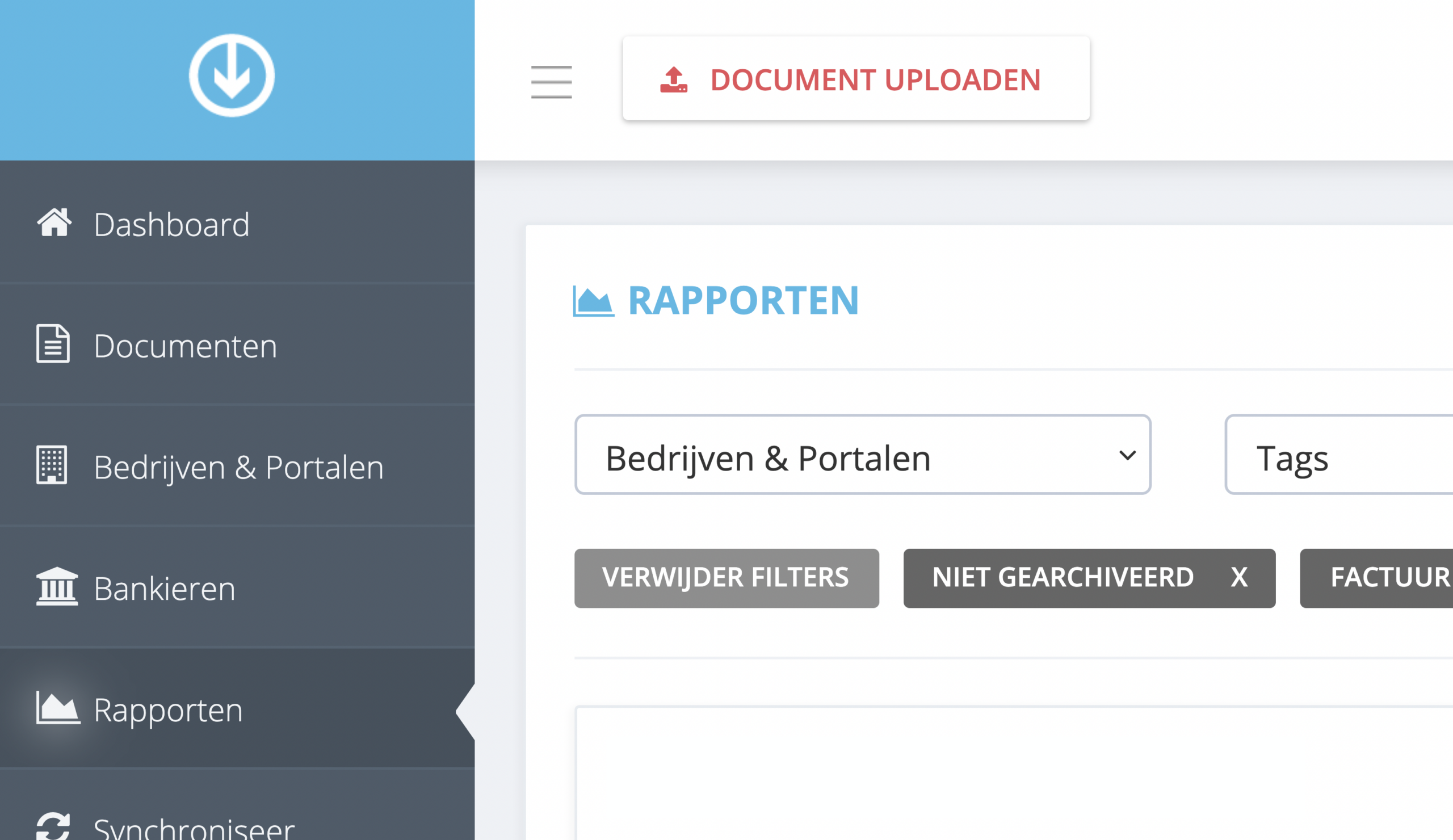 Stap 1. Vanuit het dashboard van GetMyInvoices klikt u op ‘Rapporten’ in het menu aan de linkerzijde. - Hoe exporteer ik rapporten?