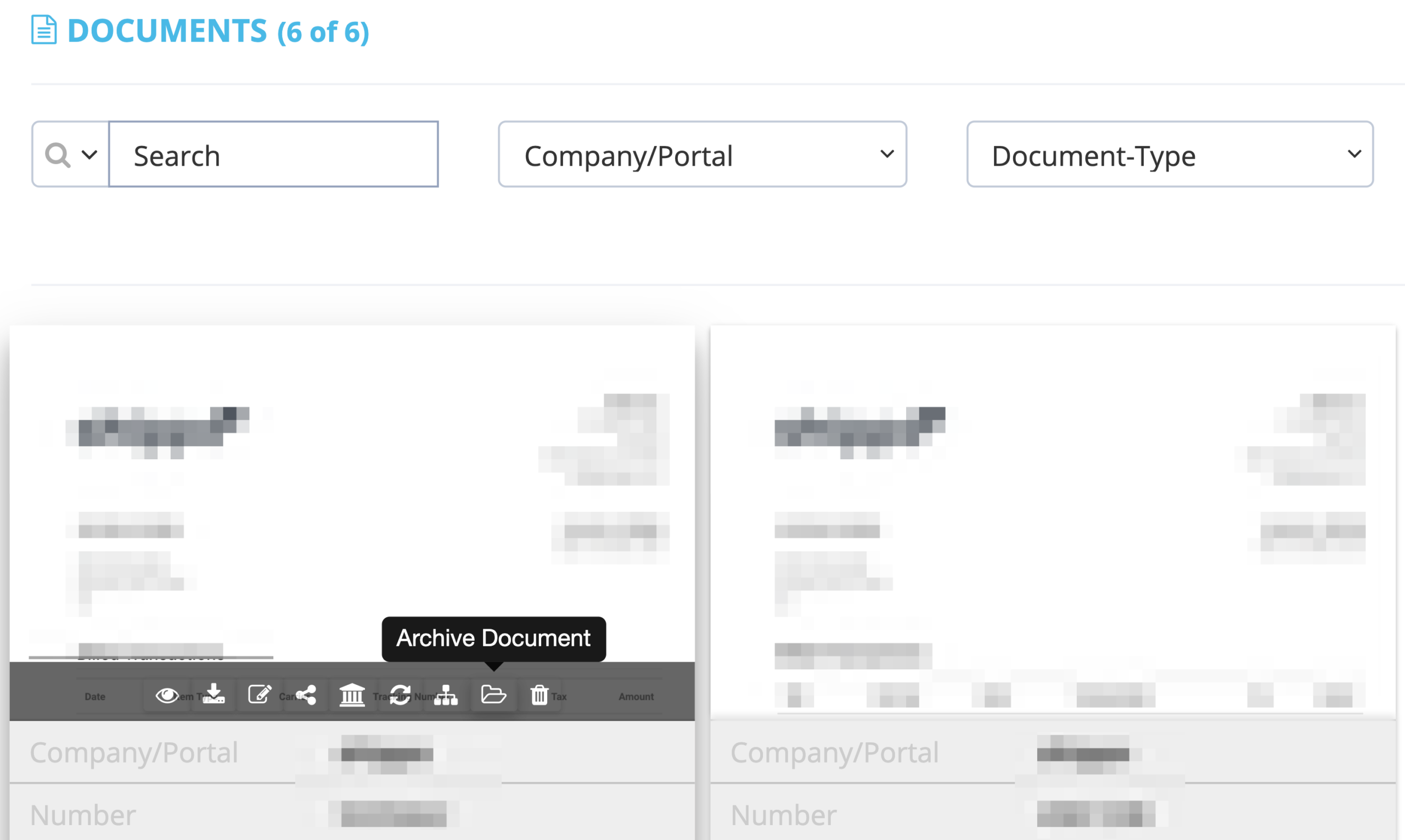 Voor Tegelweergave: Navigeer naar het document dat u wilt archiveren en klik vervolgens op Document archiveren (het pictogram van de open