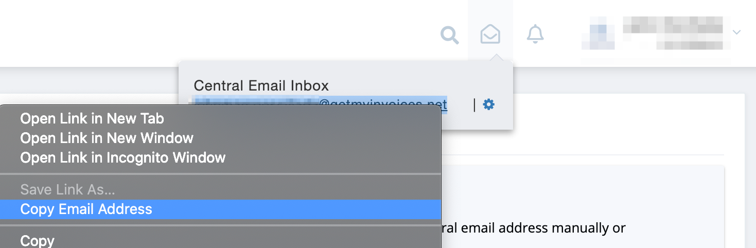Step 2. Hover over your GetMyInvoices central email address. Right click this email address and click Copy Email Address. - How do I