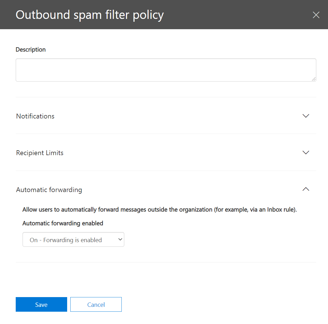 Step 3. Under Outbound spam filter policy, click Automatic forwarding and a drop-down option shows up. Choose On - Forwarding is enabled