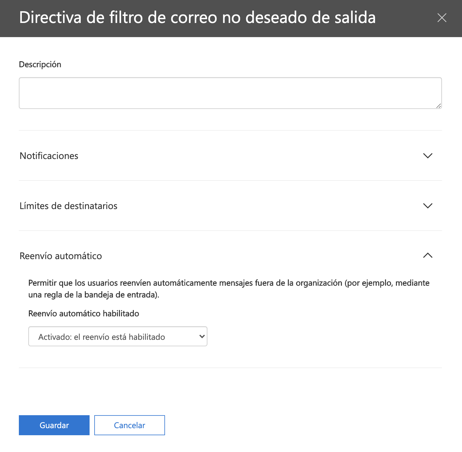 Paso 3. En Directiva de filtro de correo no deseado de salida, haz clic en Reenvío automático y aparecerá una opción desplegable. Elige