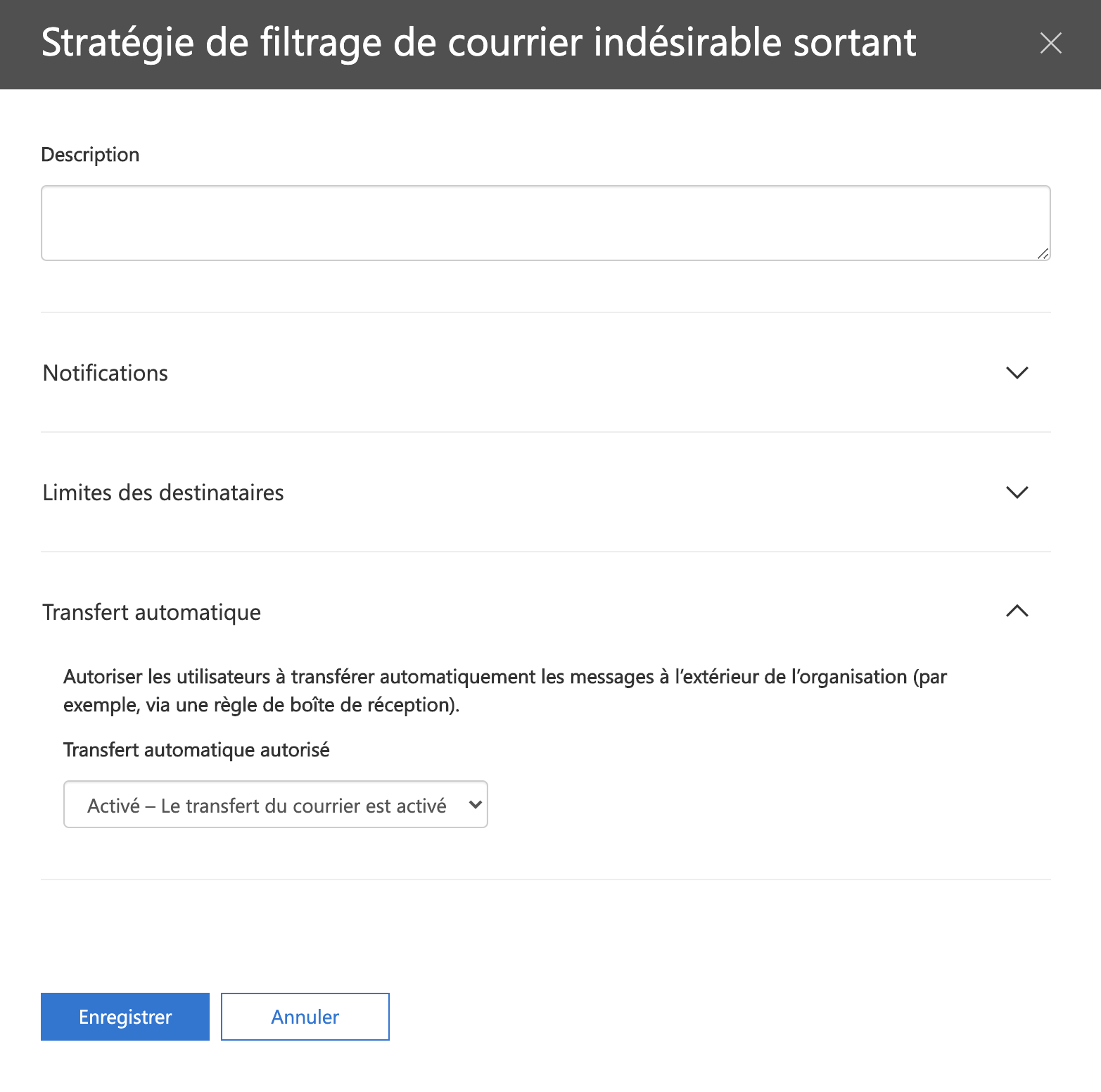 Étape 3. Dans Stratégie de filtrage de courrier indésirable sortant, cliquez sur Transfert automatique et une liste déroulante apparait.