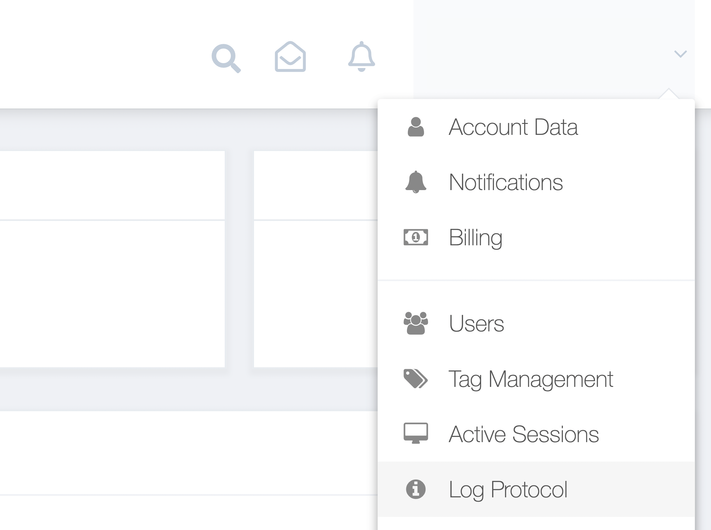 Step 1. From the GetMyInvoices dashboard, navigate to your account name on the top right corner and click Log Protocol from the drop-down