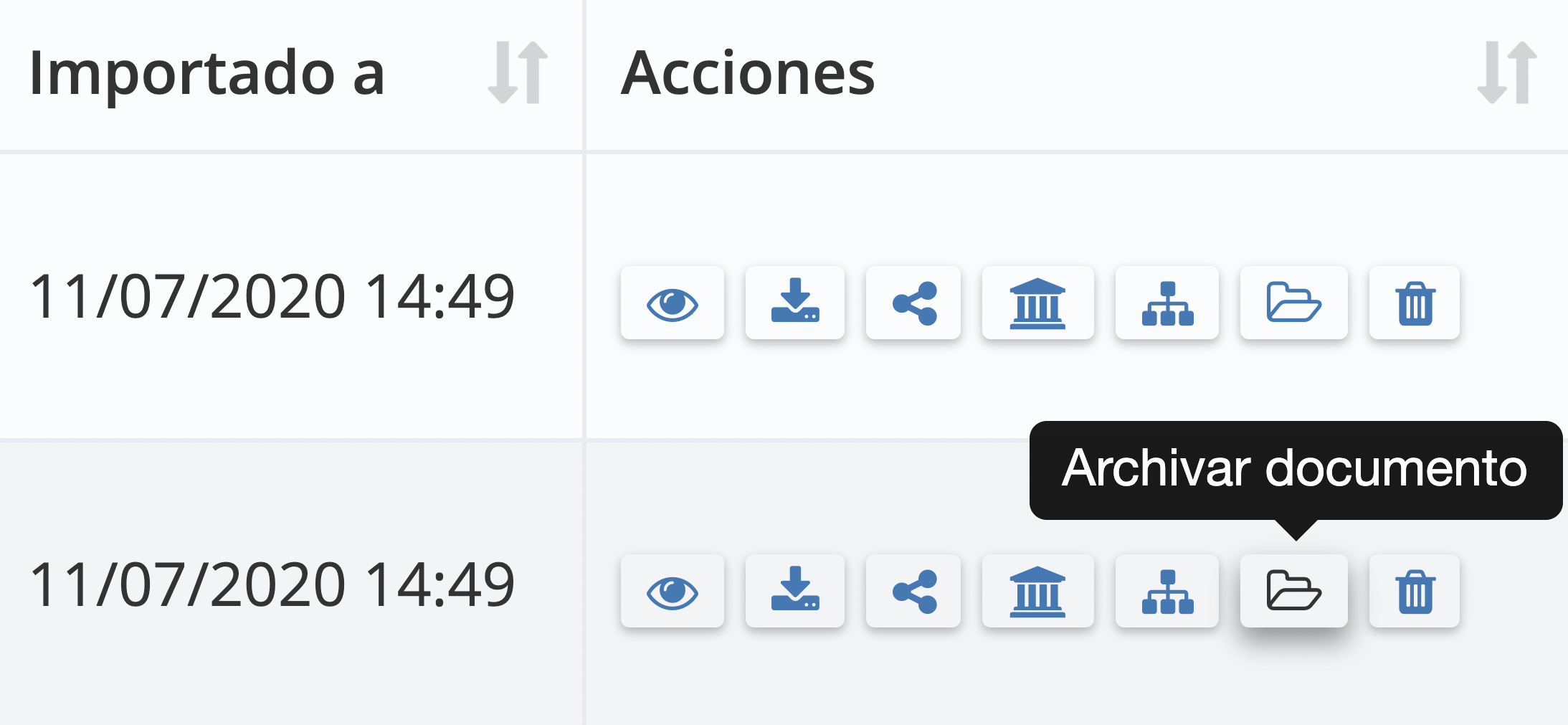 Paso 2. Busca el documento que deseas archivar: Para lista de vista: en “Acciones”, haz clic en “Archivar documento” (ícono de carpeta