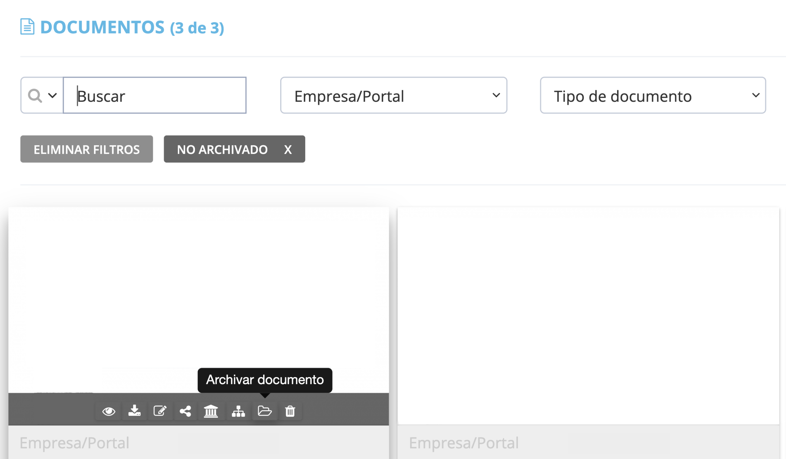 Para vista de mosaico: dirígete al documento que deseas archivar y haz clic en “Archivar documento” (ícono de carpeta abierta). - ¿Cómo