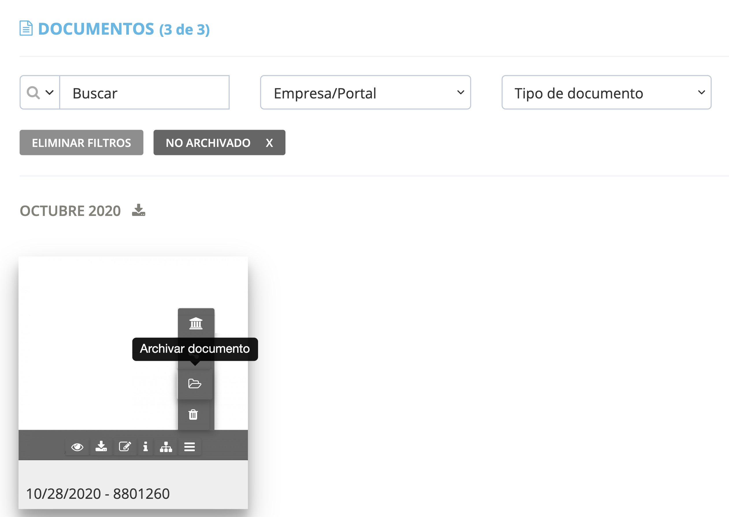 Para vista de mes/calendario: dirígete al documento que deseas archivar. Haz clic en el botón “Opciones” (ícono de tres rayas horizontales)