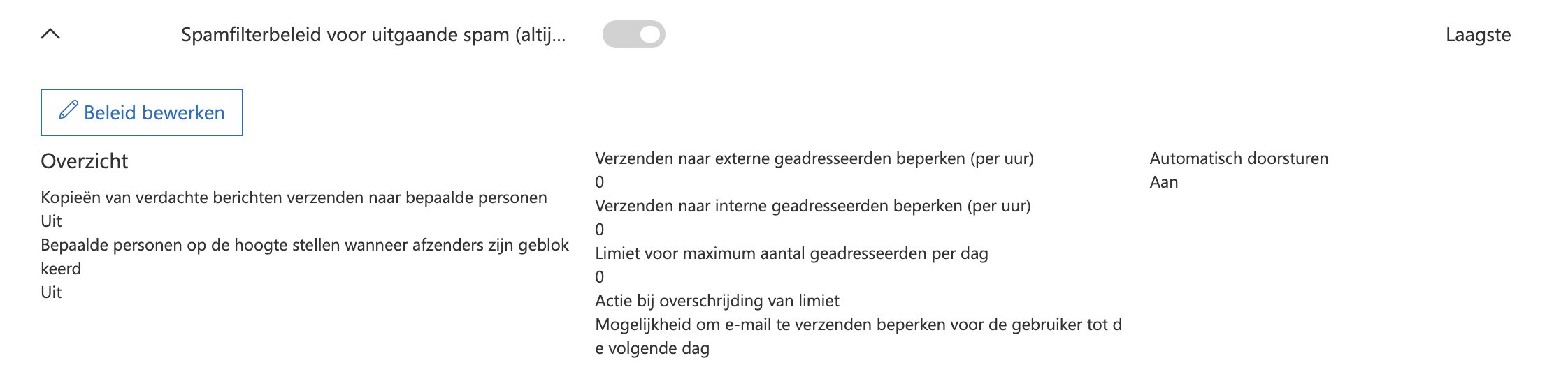 Stap 2. Klik op de pijl naar beneden naast Spamfilterbeleid voor uitgaande spam ‎(altijd AAN)‎ en klik vervolgens op de knop Beleid
