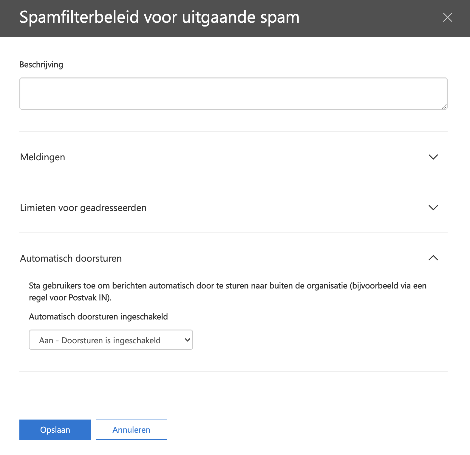 Stap 3. Klik onder Spamfilterbeleid voor uitgaande spam op Automatisch doorsturen en er verschijnt een vervolgkeuzelijst. Kies Aan -