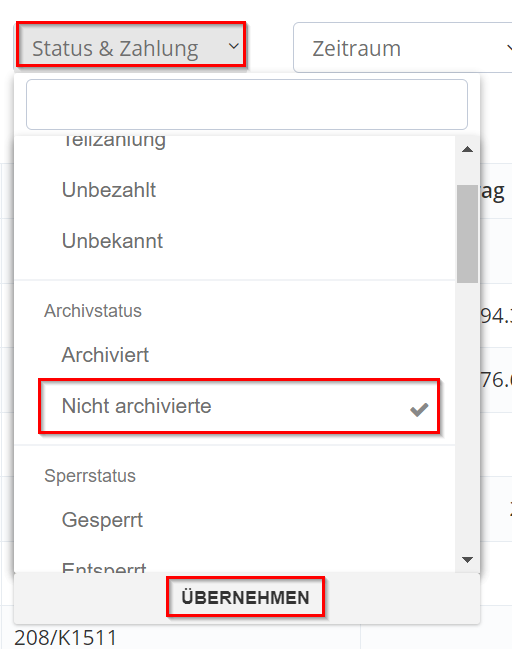 2. sous le filtre « Statut & paiement », réglez le statut d’archivage sur « Non archivé » et cliquez ensuite sur « Appliquer ». - Archiver