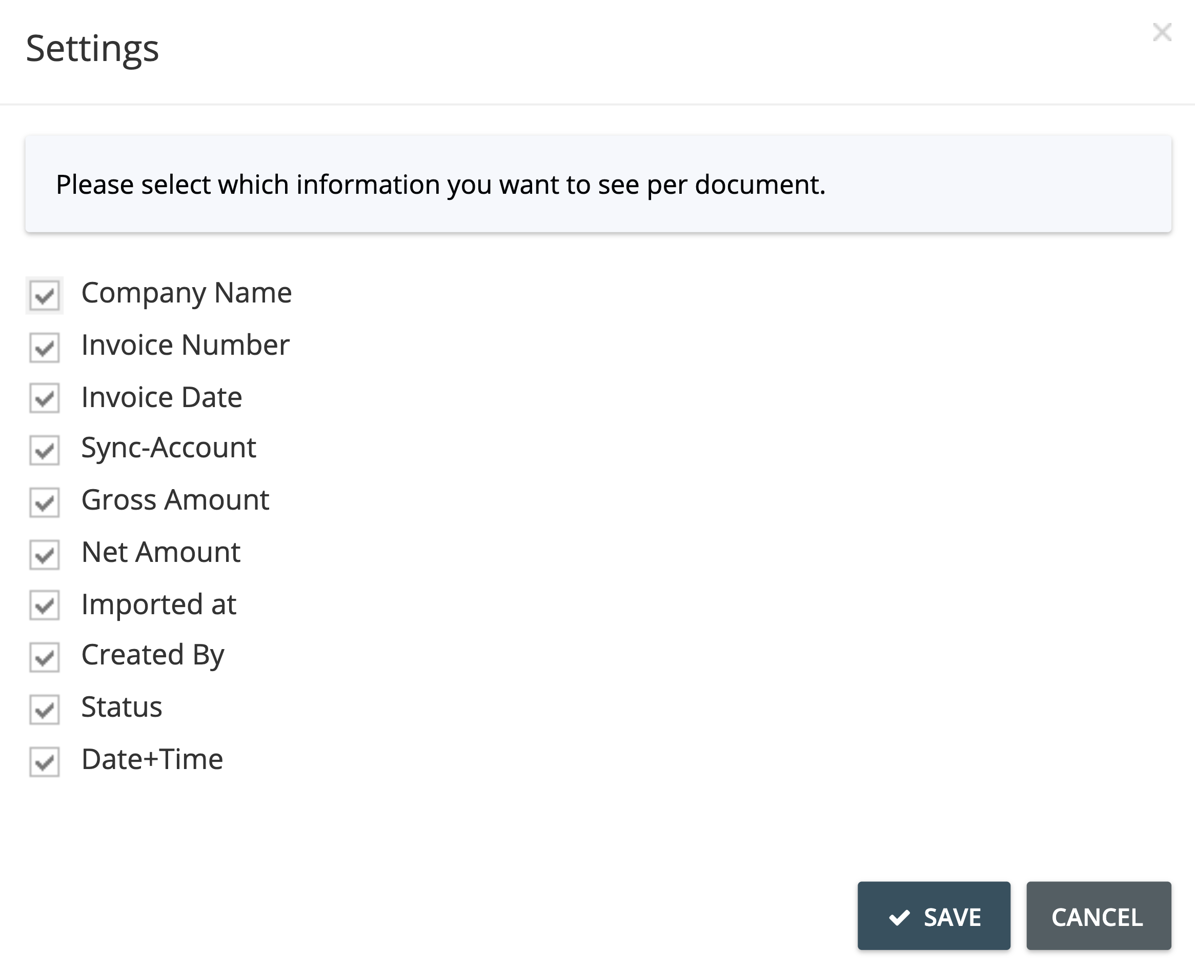 Step 3. On the Settings window, tick the checkbox next to the document attribute you want to be shown on the Sync page. Click Save to