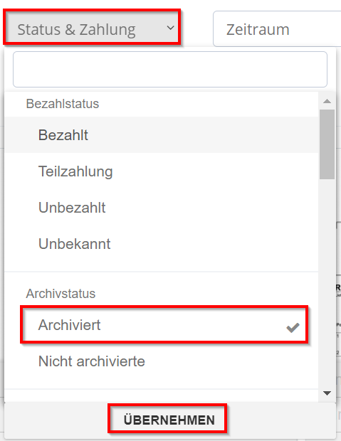 Filtrare per stato e pagamento utilizzando lo stato di archivio «Archiviato»